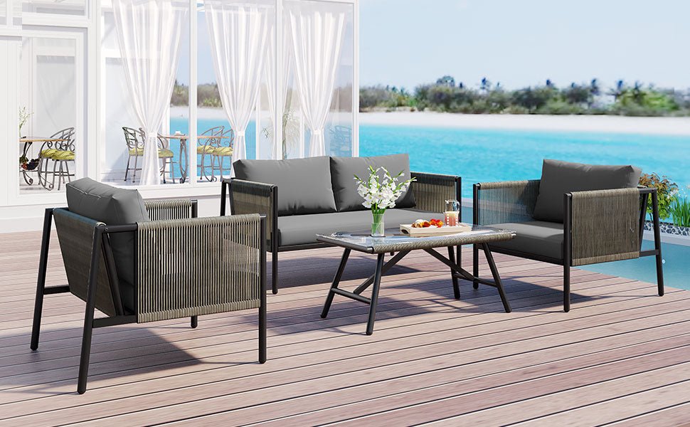 4-Piece Outdoor Sofa Set with Thick Cushions and Toughened Glass Table