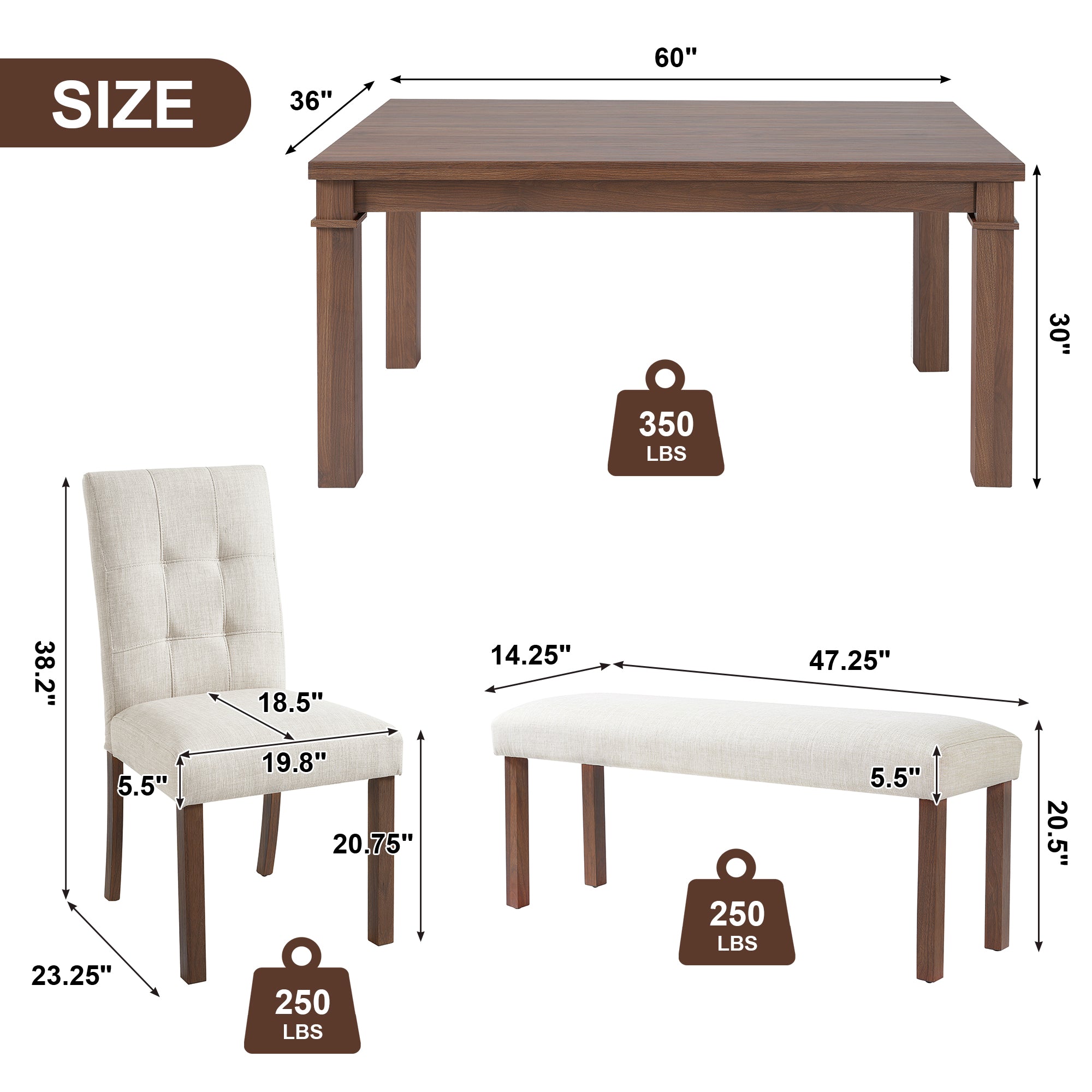 Franklin Modern 6-Piece Dining Set with 4 Upholstered Chairs & Bench