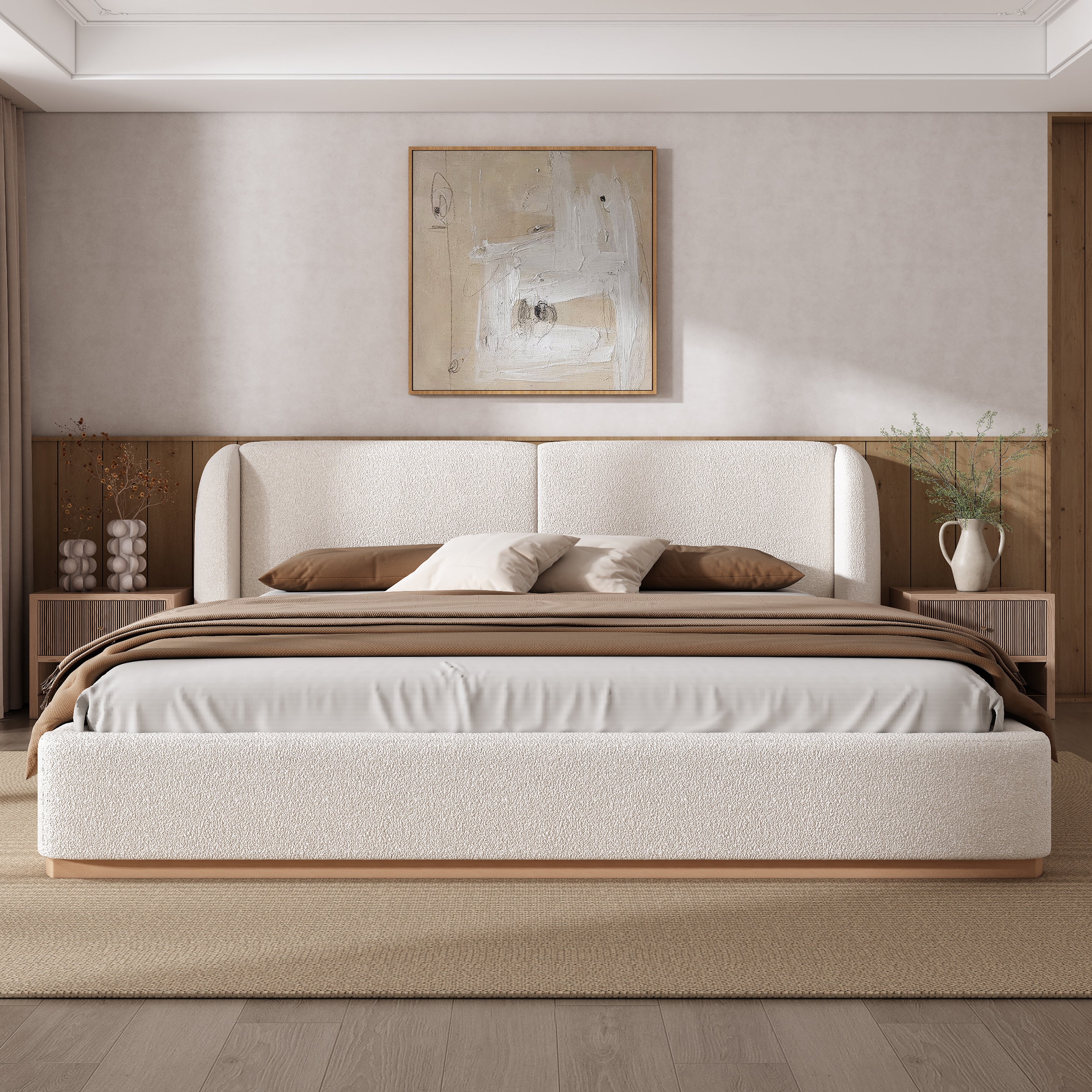 Bed Frame with Boucle Upholstered Wingback Headboard
