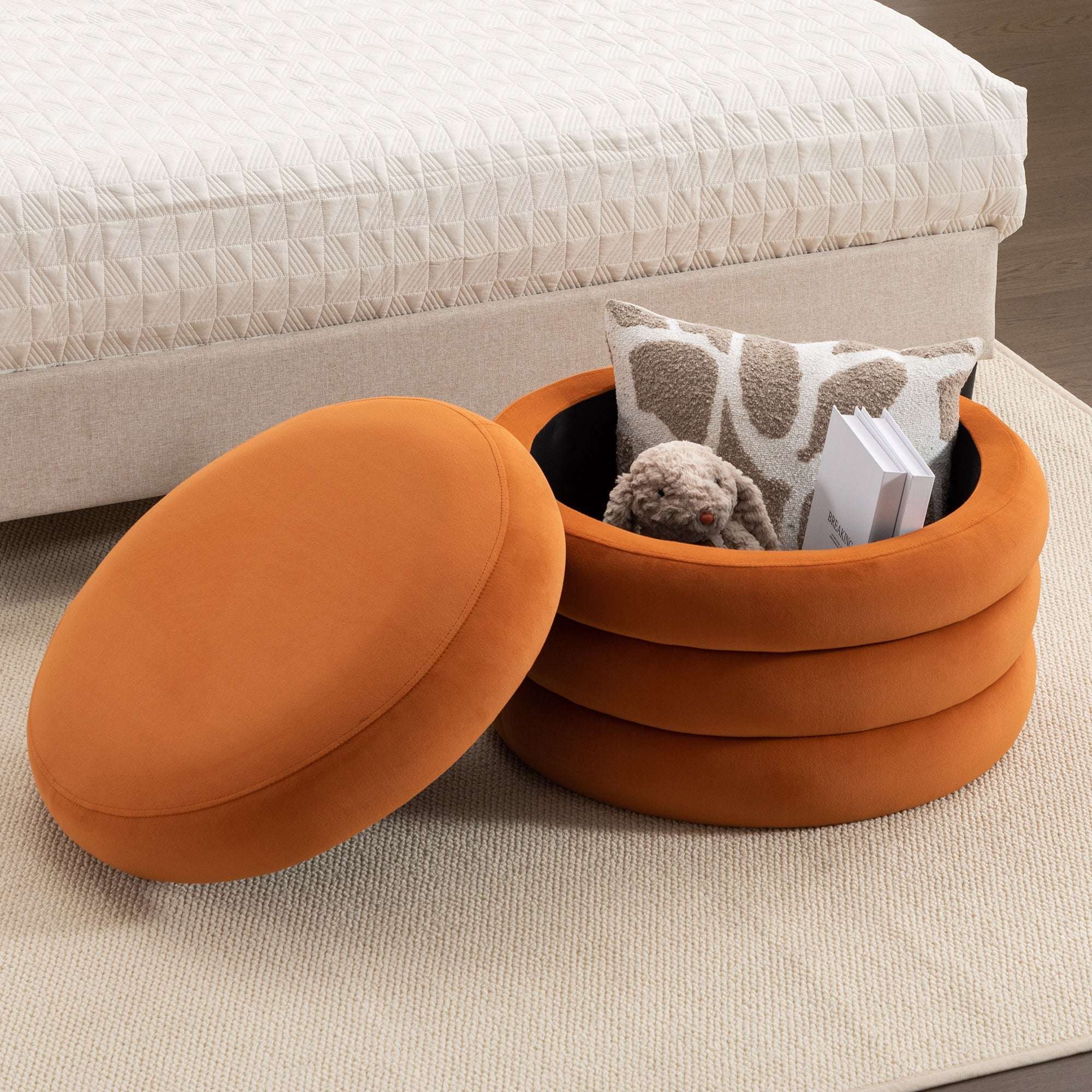 Boucle Storage Round Ottoman Footstool With Wooden Shelving