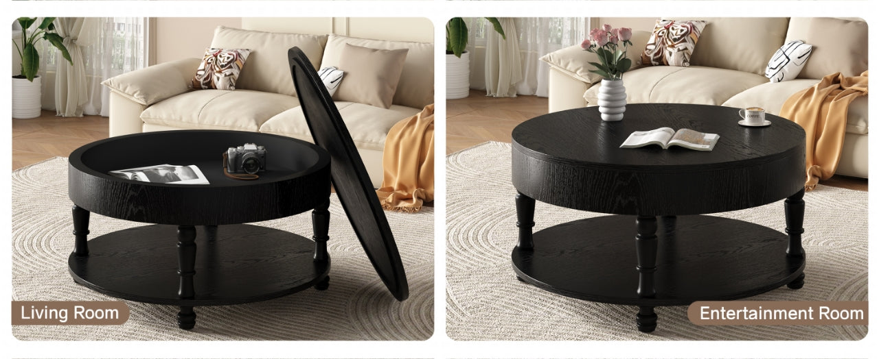 Traditional Round Coffee Table with Storage and Hidden Compartment