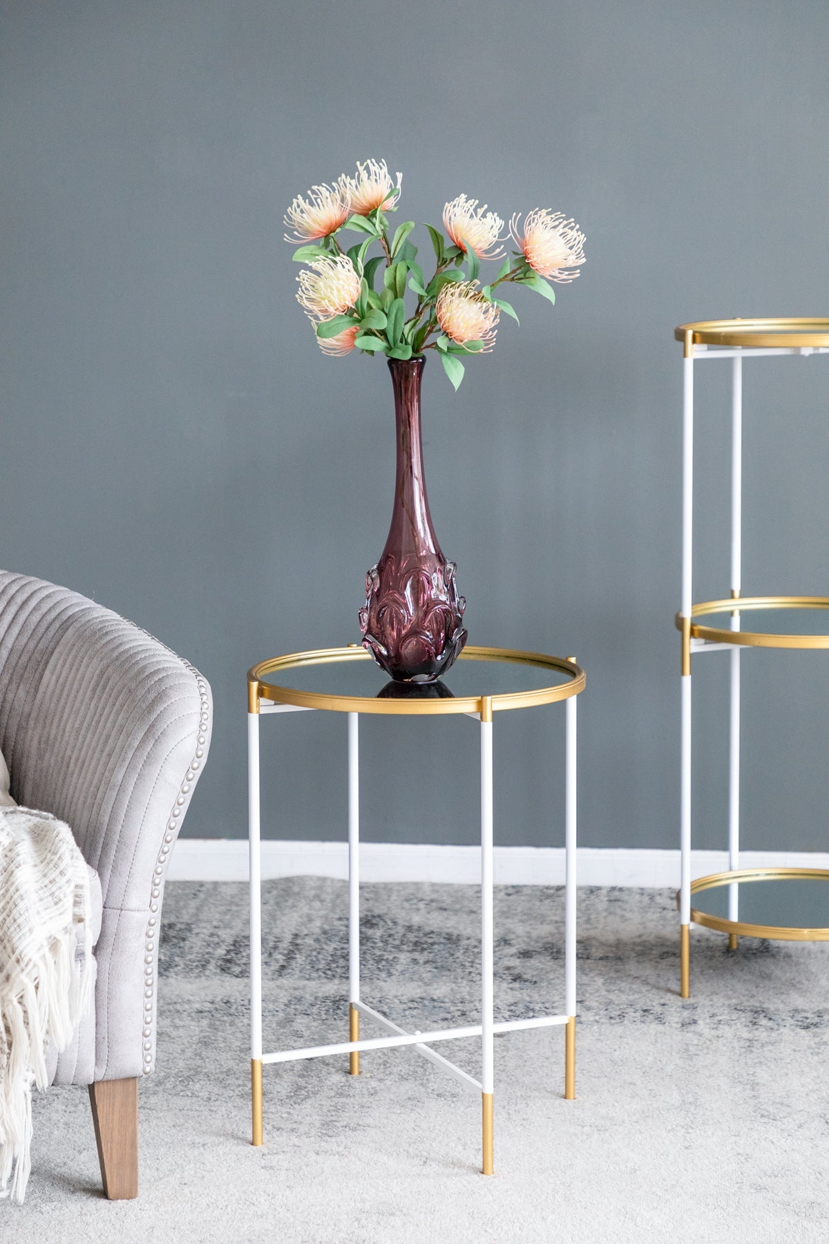 Set of 2 Mirrored Top Side Tables - Gold and White