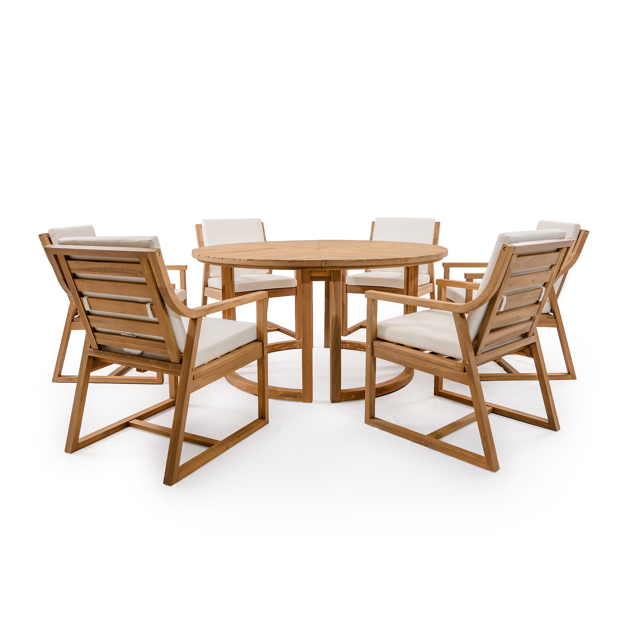 TREXM Patio Dining Table Set for 6, Round Dining Table with 1.96" Umbrella Hole, Outdoor Wooden Patio Furniture Set with Removable Cushions for Garden, Backyard and Pools (Light Teak+Beige Cushion)