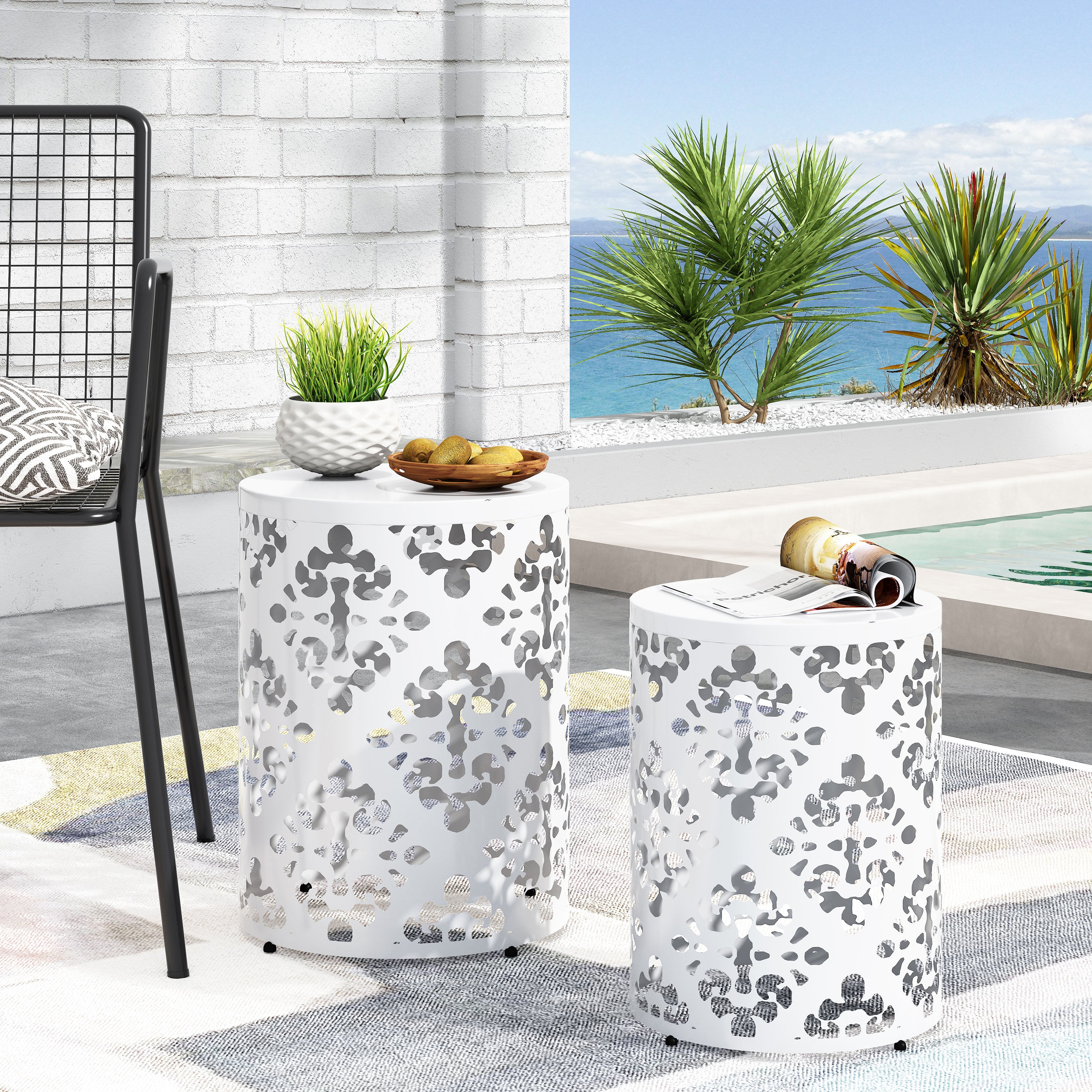 Refinery 2-Piece Outdoor End Table Set with Floral Patten and Iron Cut Design