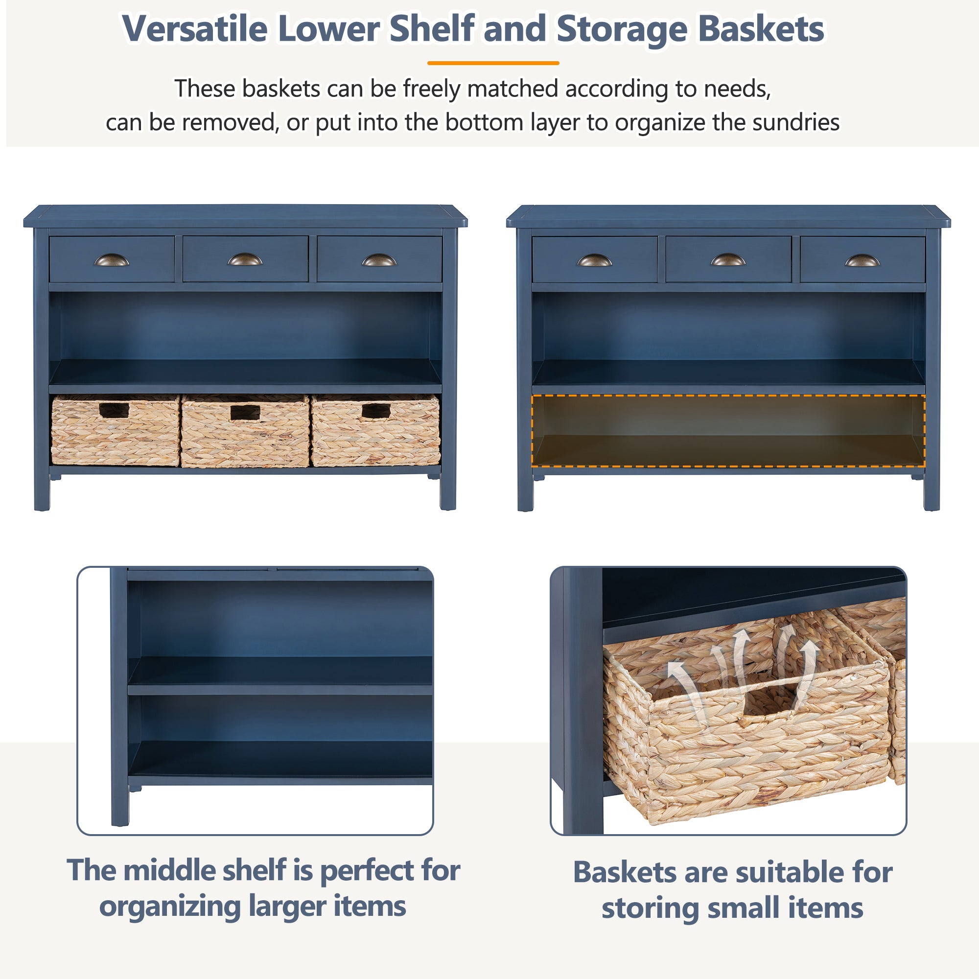 Console Table with Drawers and Water Hyacinth Woven Baskets