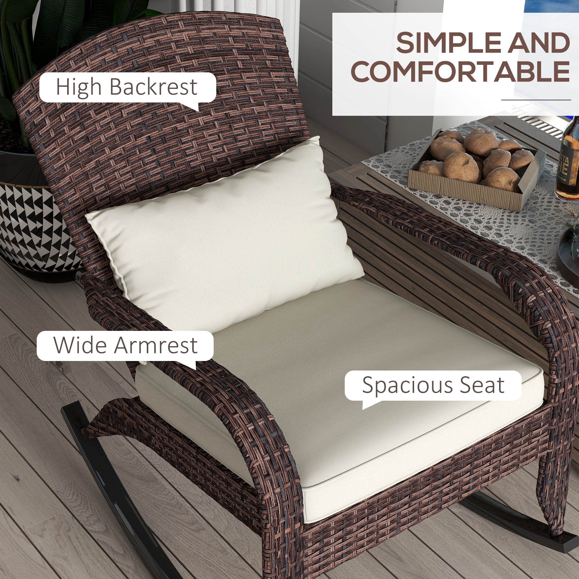 Outdoor Wicker Adirondack Rocking Chair with High Back & Seat Cushion