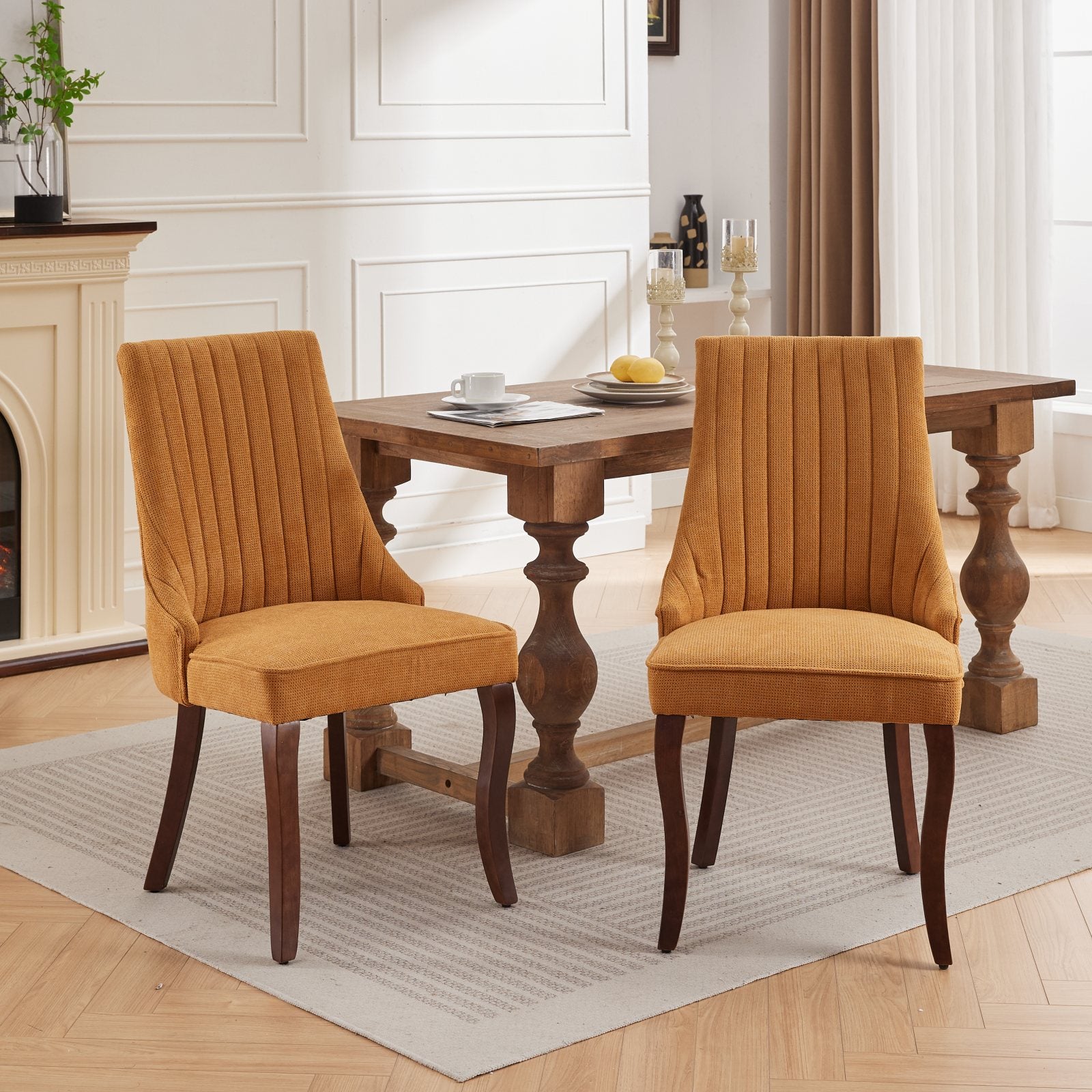 Rayon Cloth Flocking Linen Dining Chairs Channel Kitchen Dinner Chair Comfy Fabric Upholstered Accent Chair for Dining Room with Curved Solid Wood Legs,Set of 2 (Gold), SW1847GL