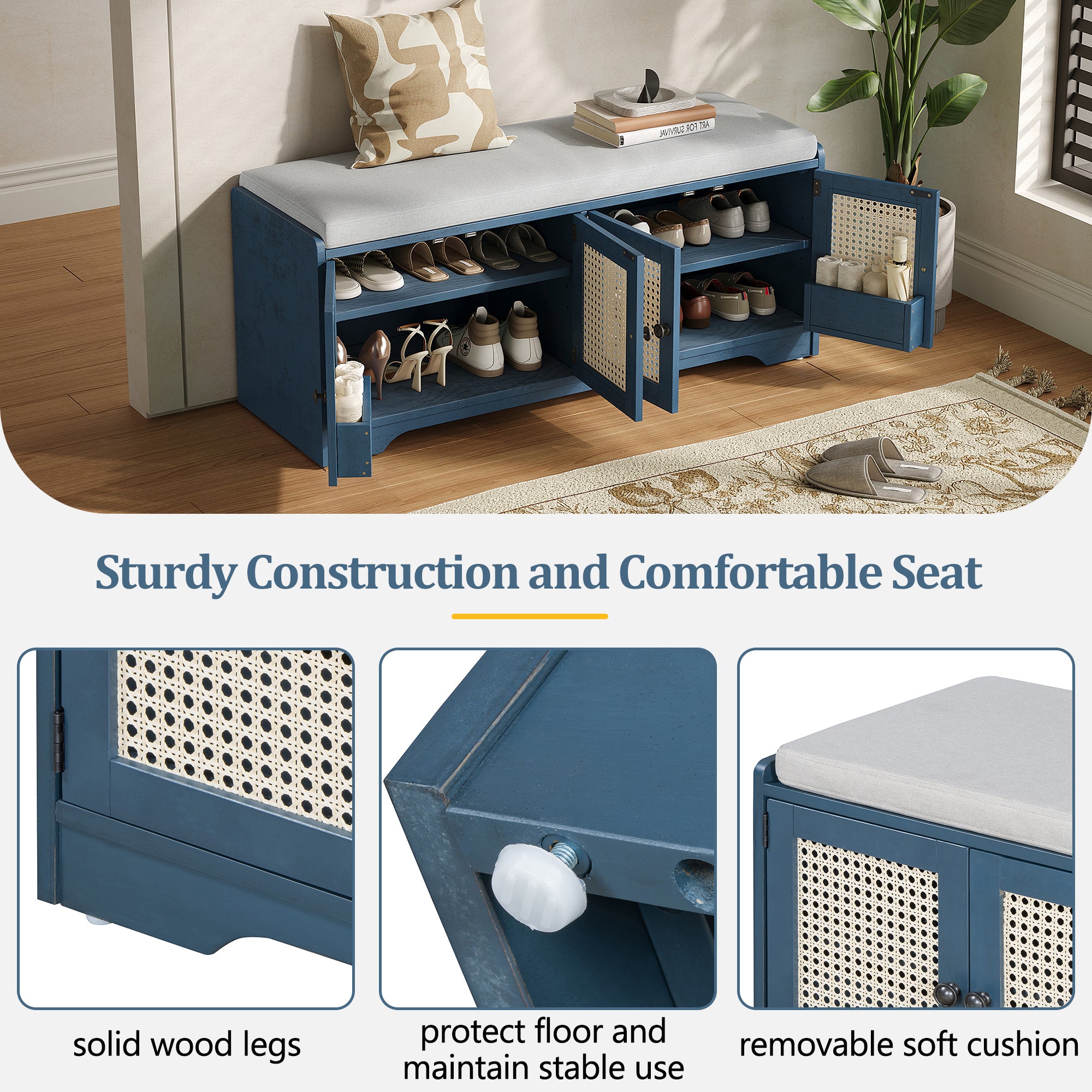 Storage Bench with Rattan Doors