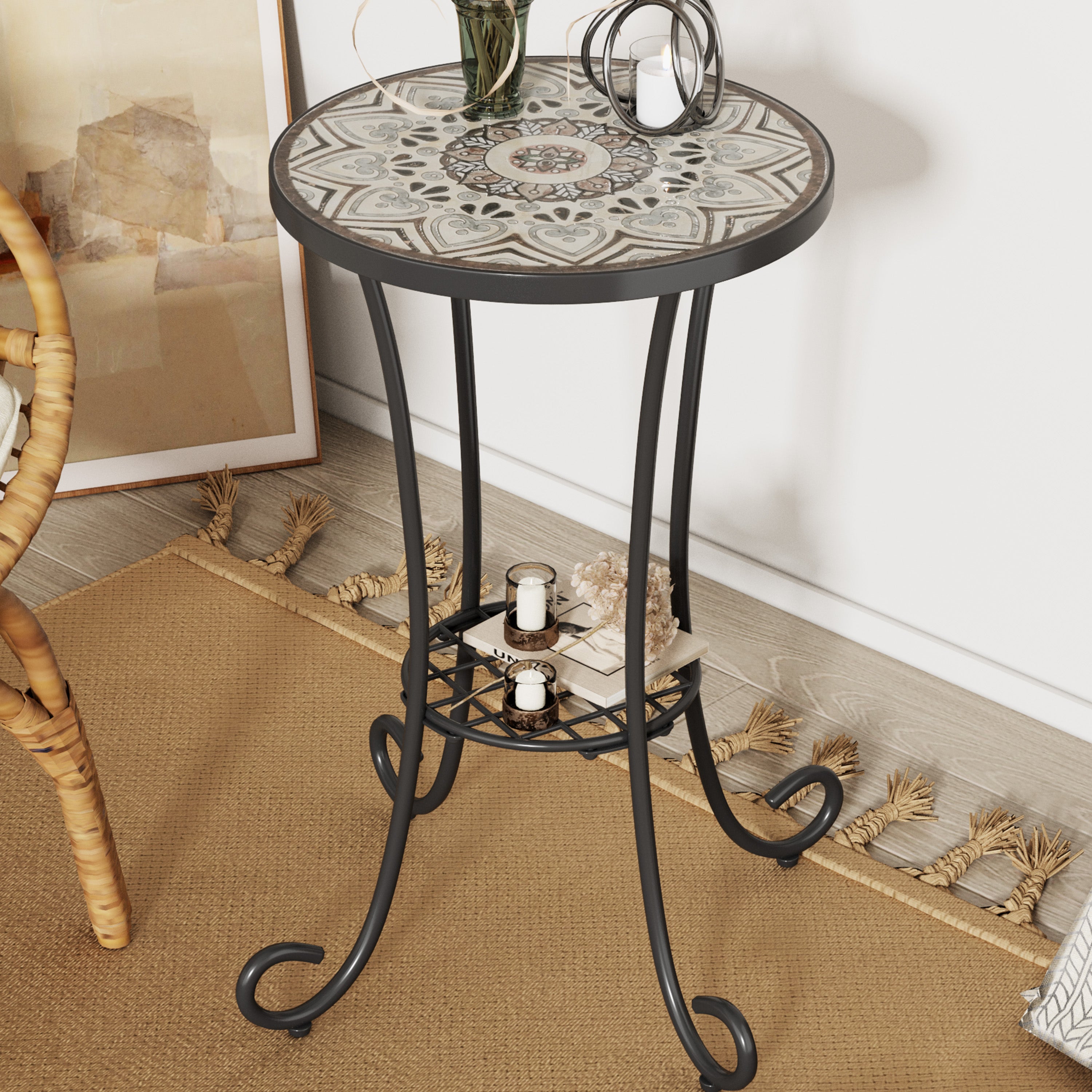Vortexes Outdoor Side Table with Shelf and Curved Legs
