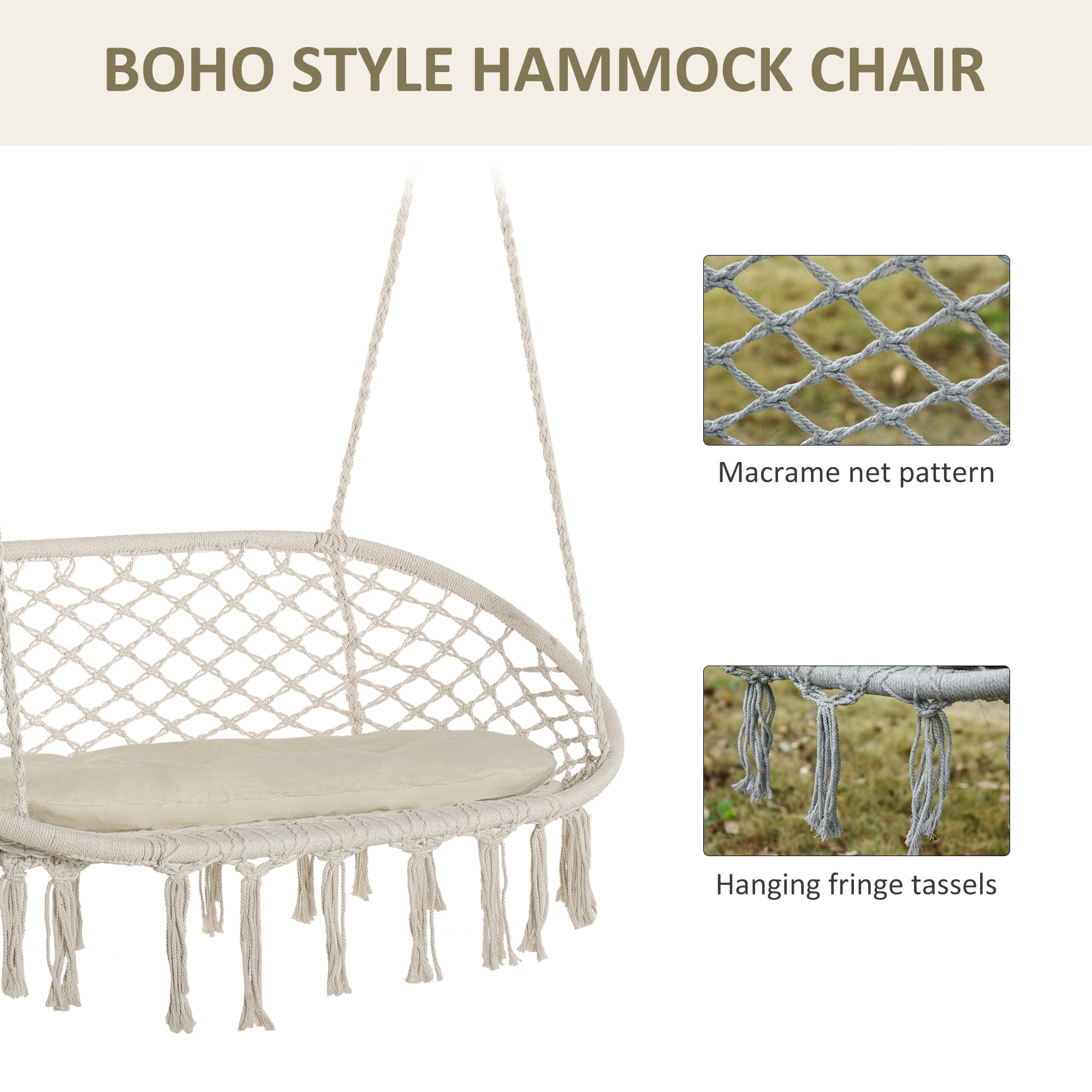 Visioned Outdoor Hanging Hammock Swing Chair with Macrame Design and Soft Cushion