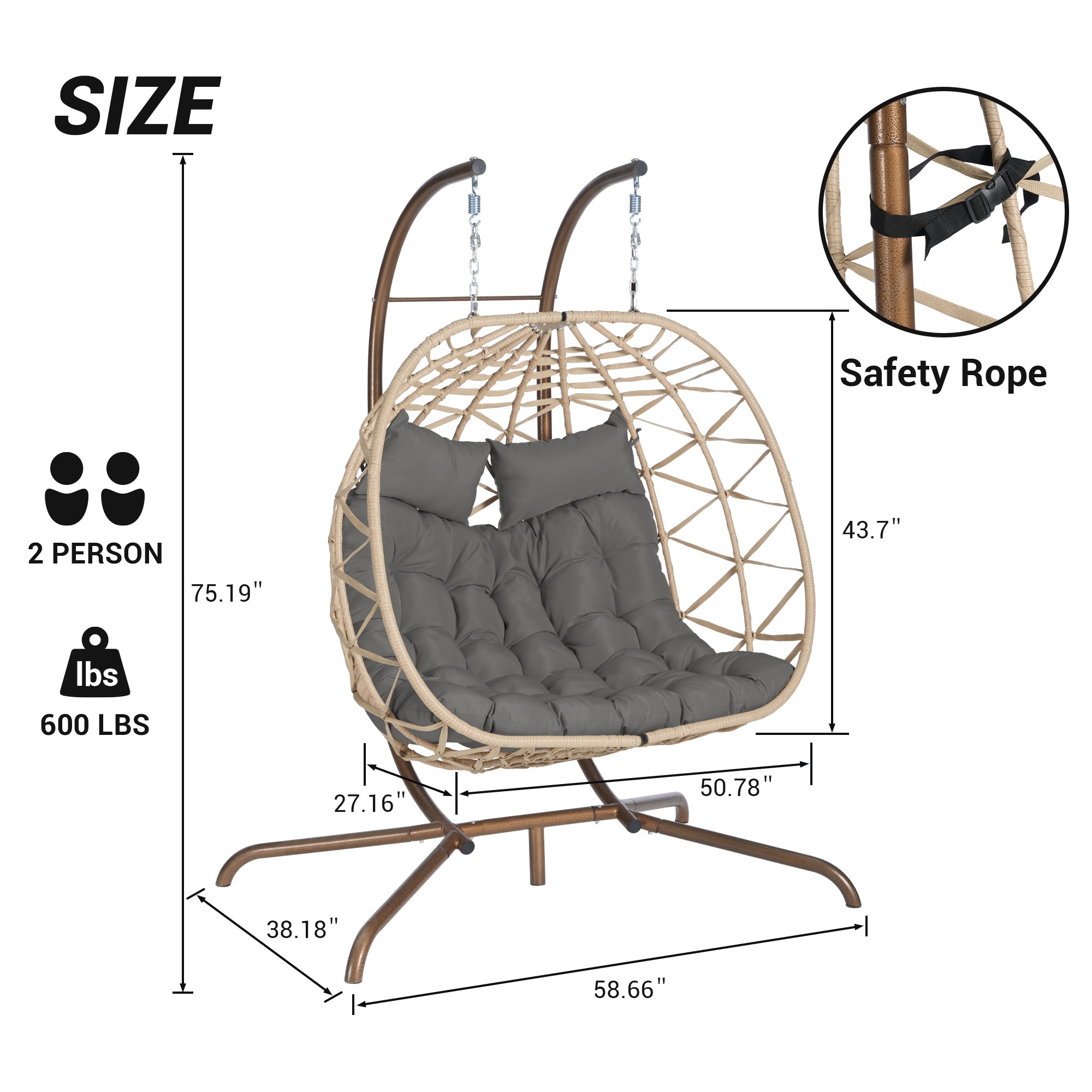 2-Person Outdoor Wicker Rattan Egg Chair with Stand Hanging