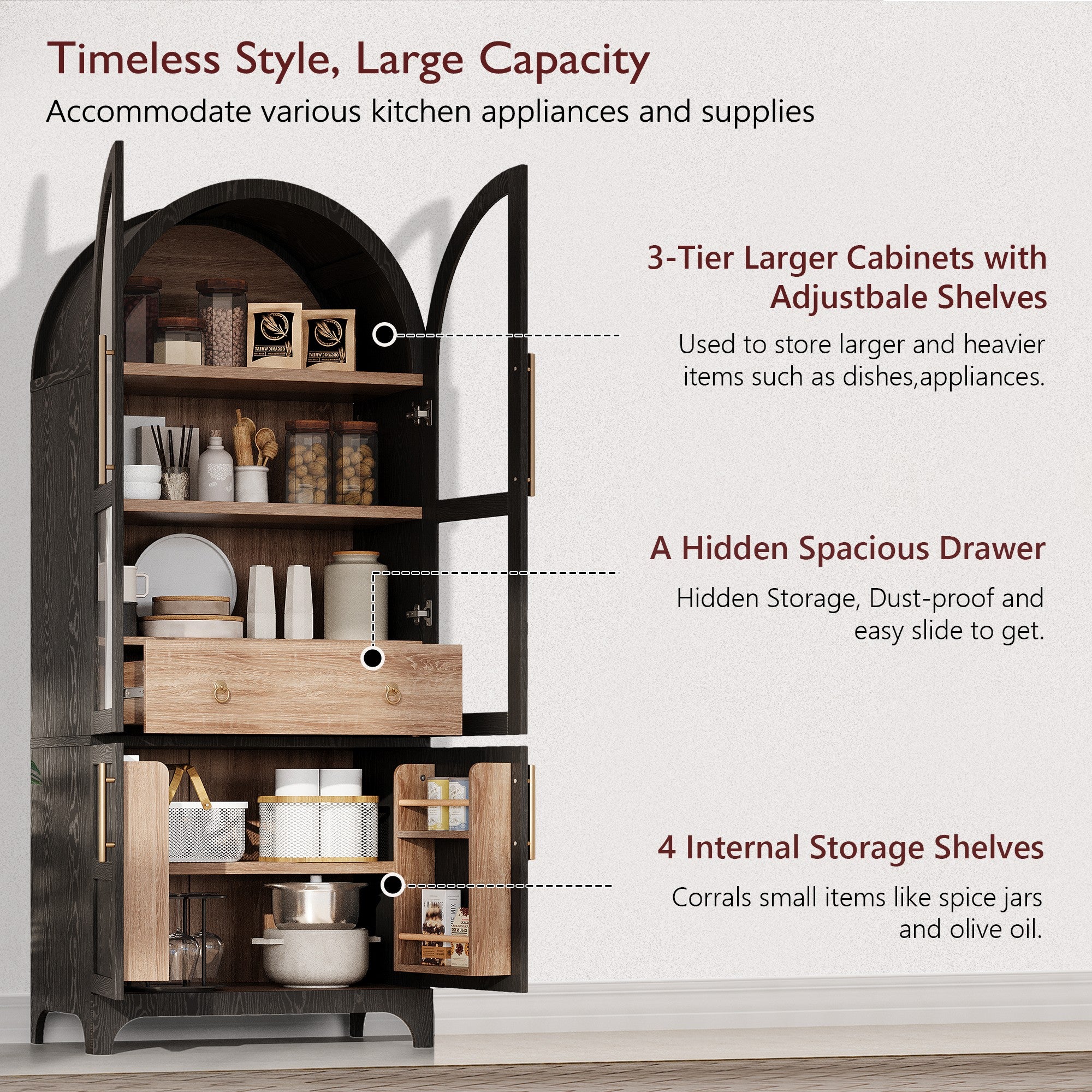 Farmhouse Kitchen Storage Cabinet with Open & Adjustable Shelves