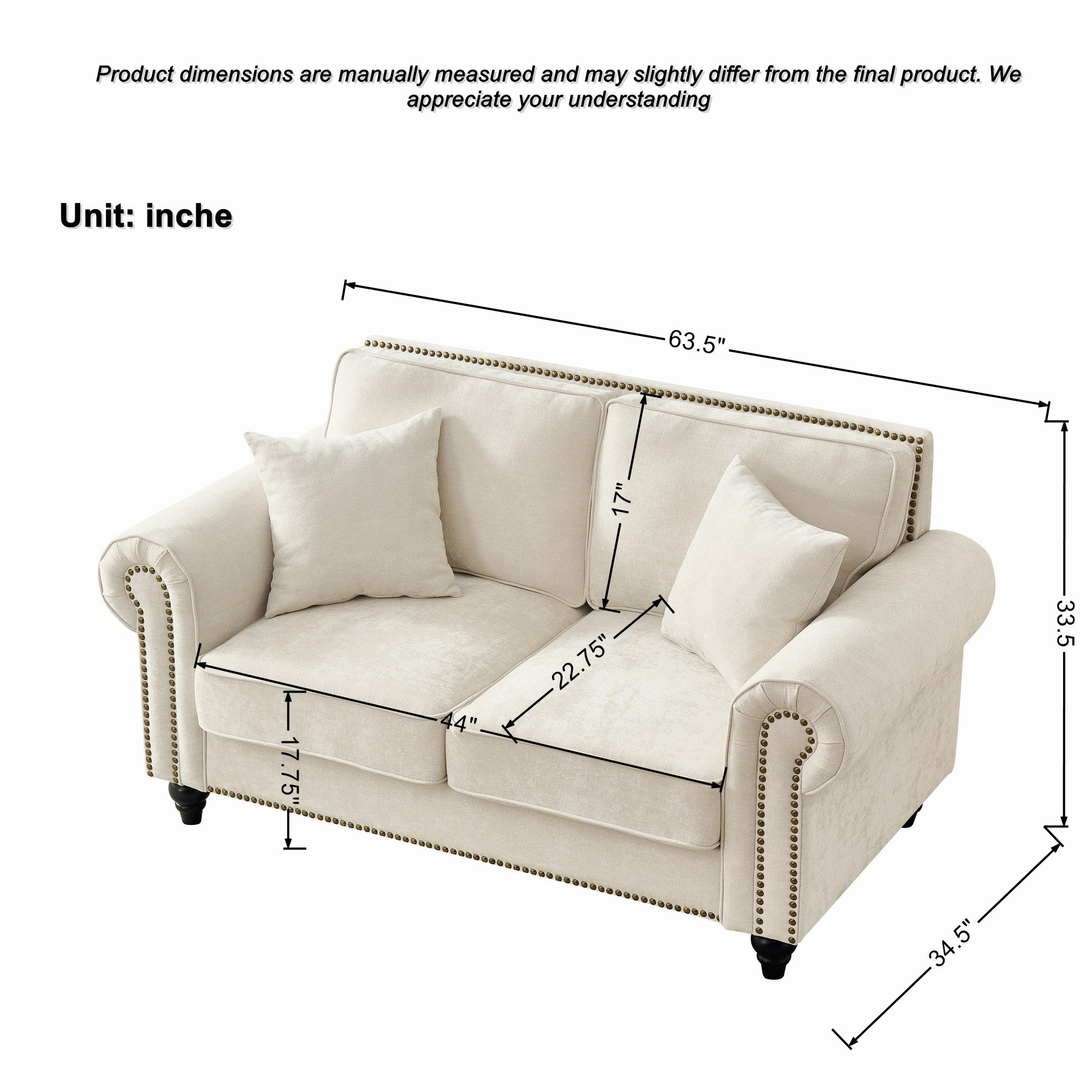 Modern 63" 2-Seater Sofa with Tufted Upholstery, Rolled Arms, and Nailhead Trim