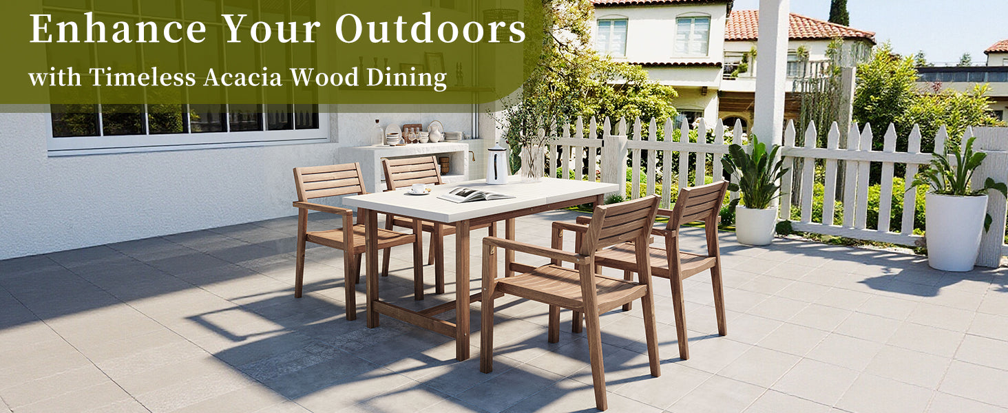 U_STYLE 5-Piece Outdoor Acacia Wood Outdoor Dining Set of 4,59.06-Inch Rectangular Table with Umbrella Hole,Suitable for Patio, Lawn, Garden, Poolside, & Indoor Use