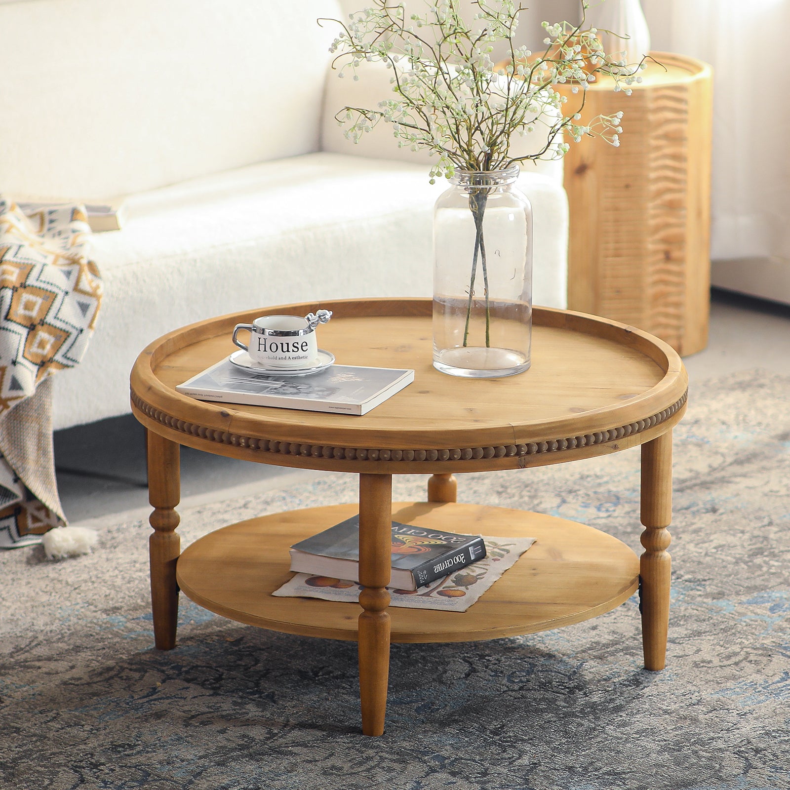 Round Boho Coffee Table with Storage Shelf & Beaded Trim