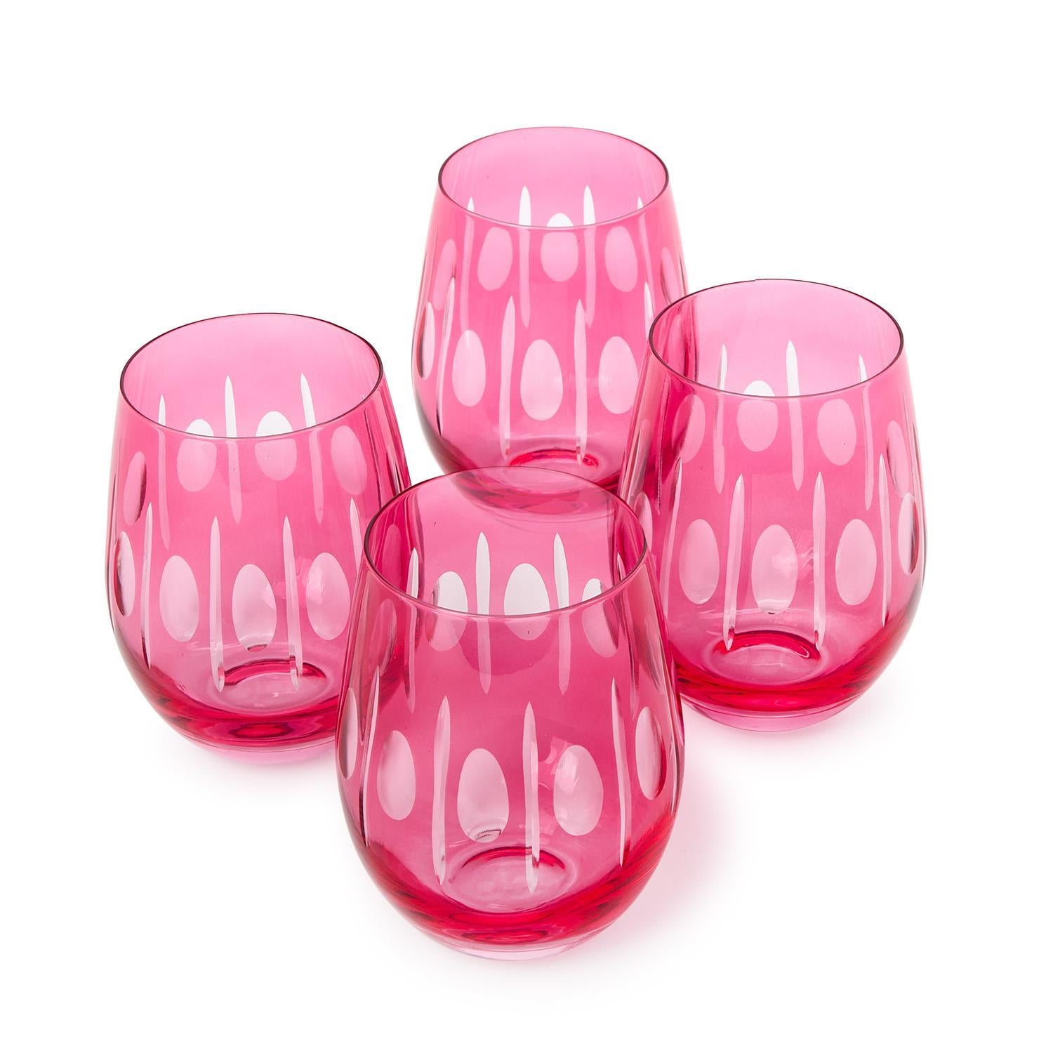 Sparkling Cut Pink Hand Engraved Stemless Wine Glasses, Set of 4