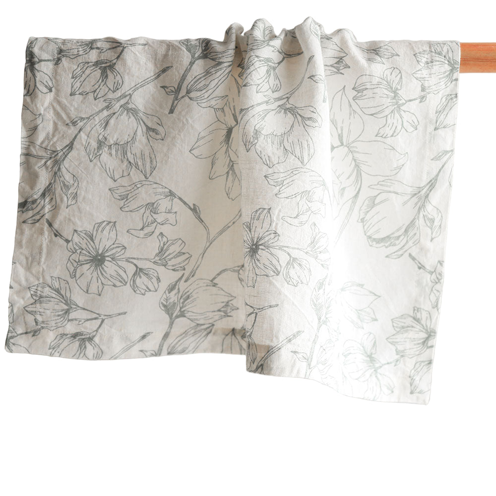 Handcrafted Linen Lilies Napkins in Grey and Green, Set of 4