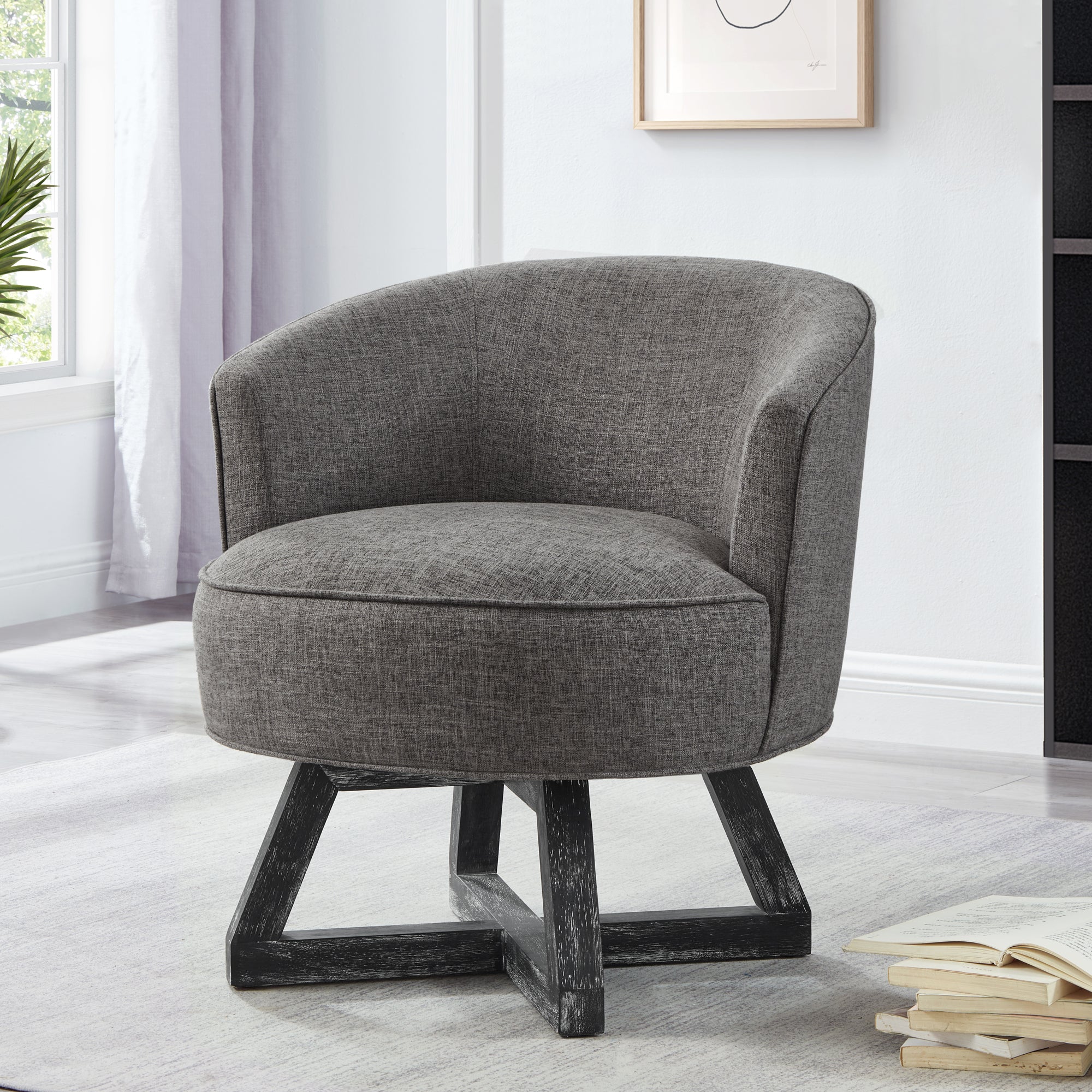 Linen 360° Swivel Chair with Cross-Shaped Wooden Base