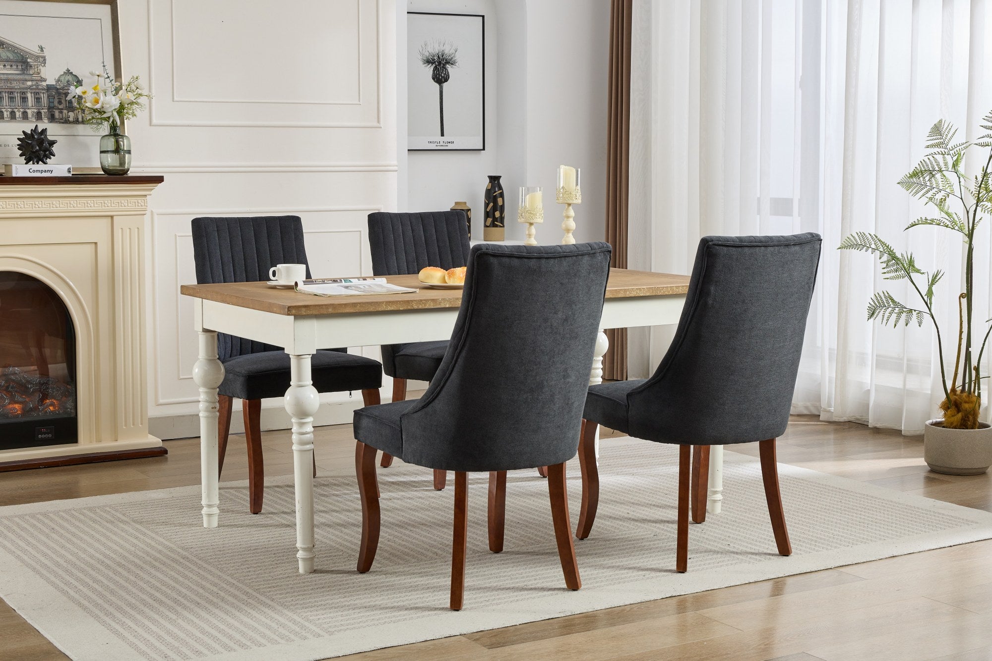 Rayon Cloth Flocking Linen Dining Chairs Channel Kitchen Dinner Chair Comfy Fabric Upholstered Accent Chair for Dining Room with Curved Solid Wood Legs,Set of 2 (Black), SW1847BK