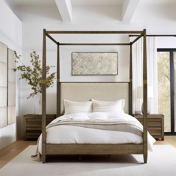 Queen Size Canopy Bed with Upholstered Headboard and Wood Frame