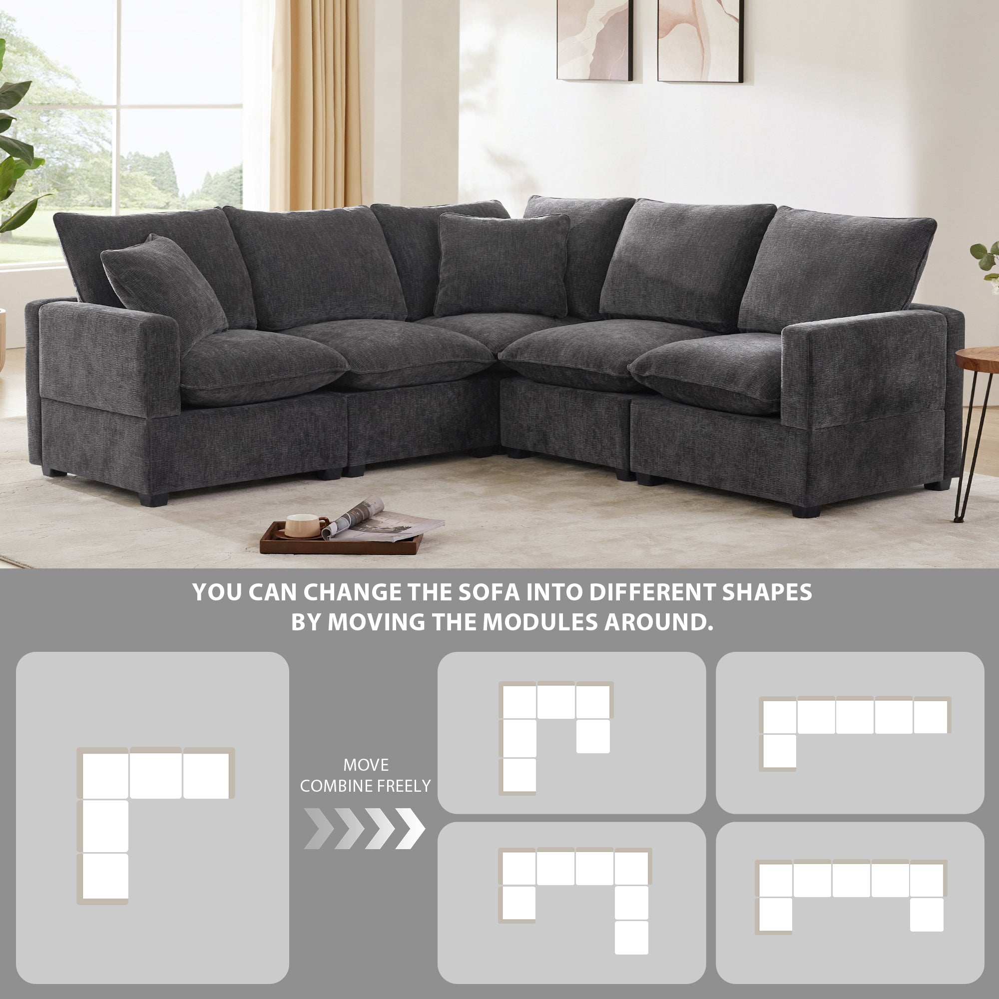 Chenille Modular L-Shape Sofa, Seats 5