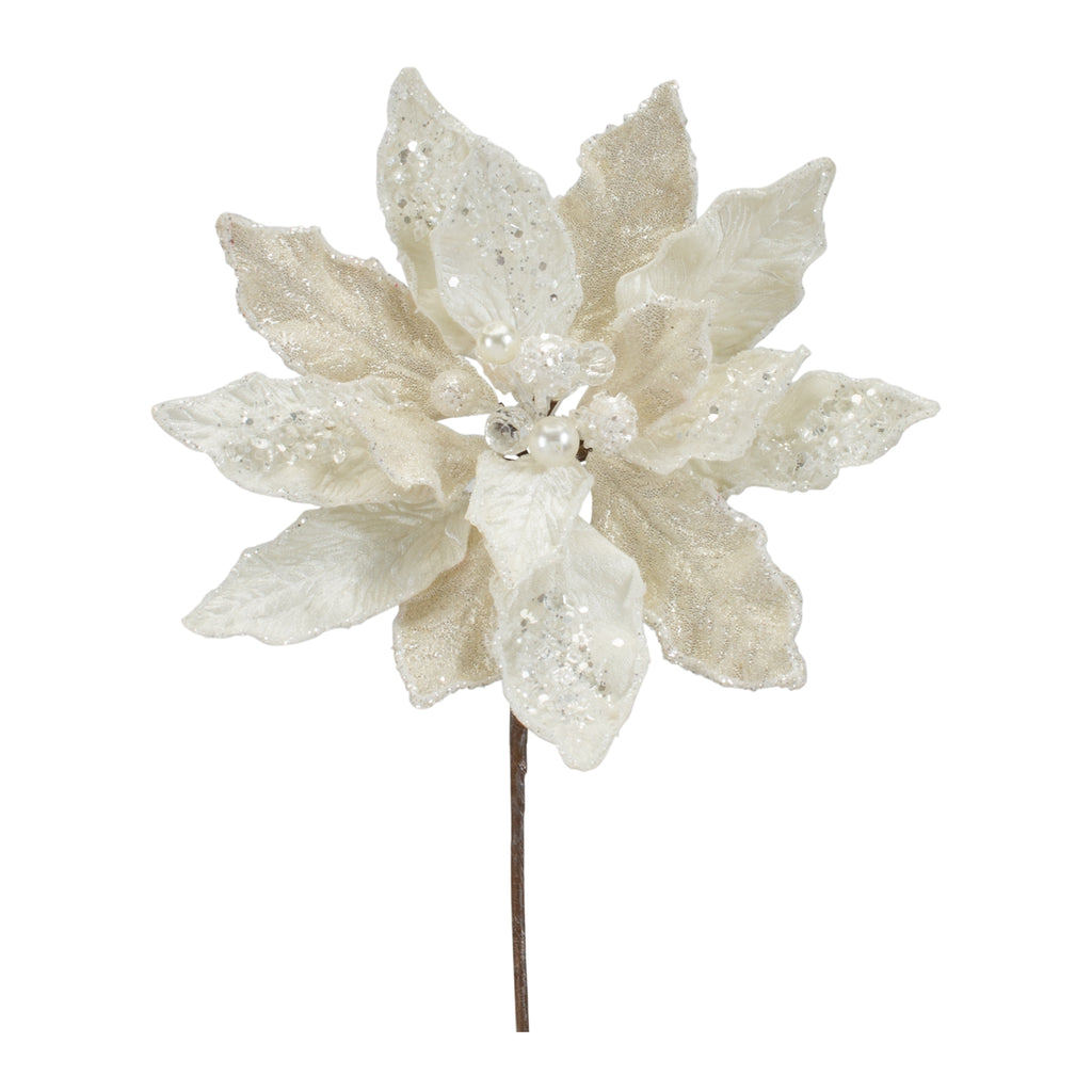 Ivory Velvet Poinsettia Stem with Gold Bead Accents (Set of 6)