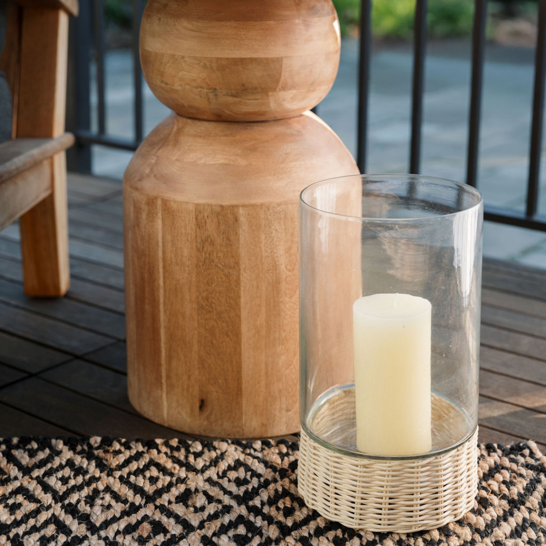 Handcrafted Clear Glass and Natural Rattan Candleholder