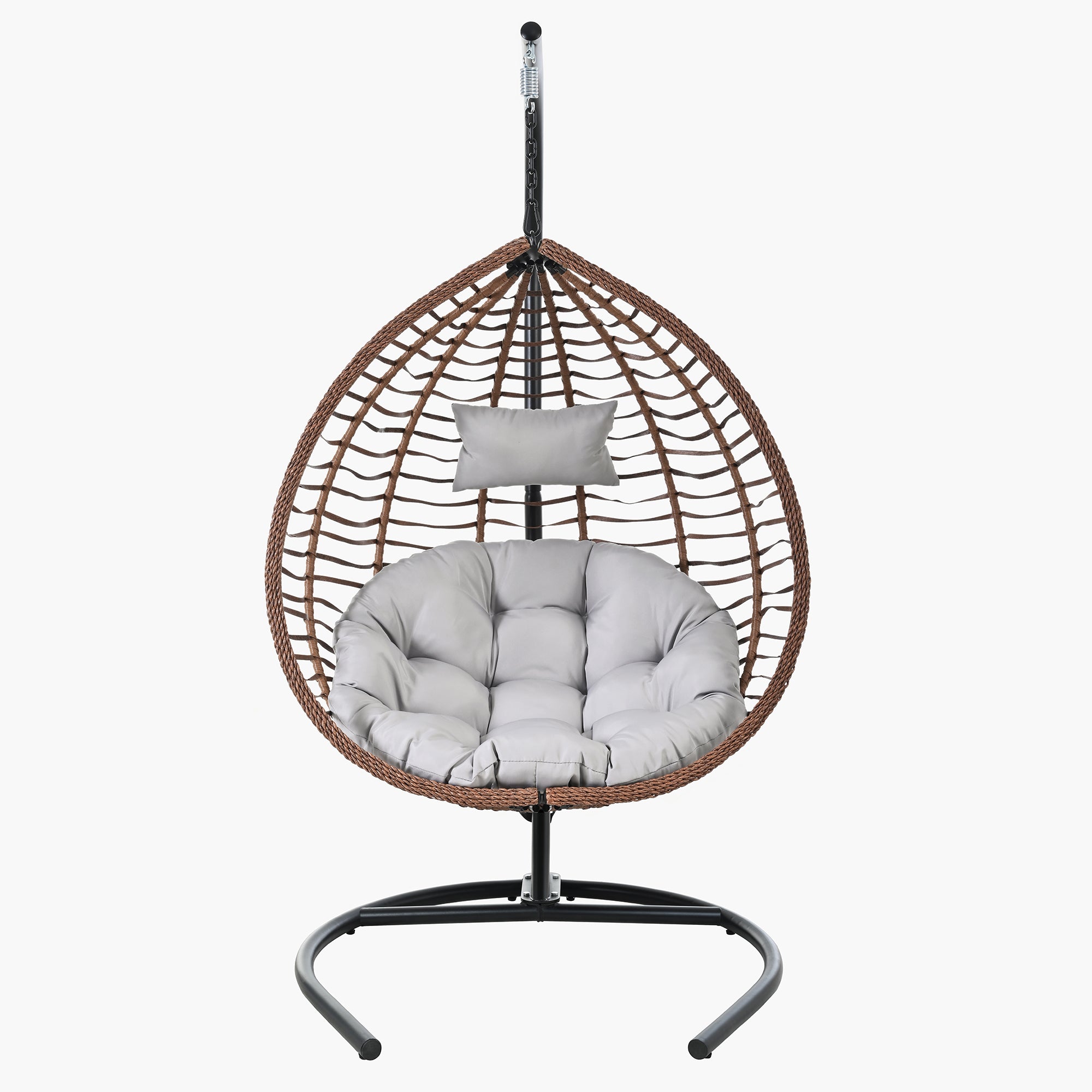 Foldable Rattan Egg Swing Chair with Iron Frame, Plush Cushion & Removable Headrest