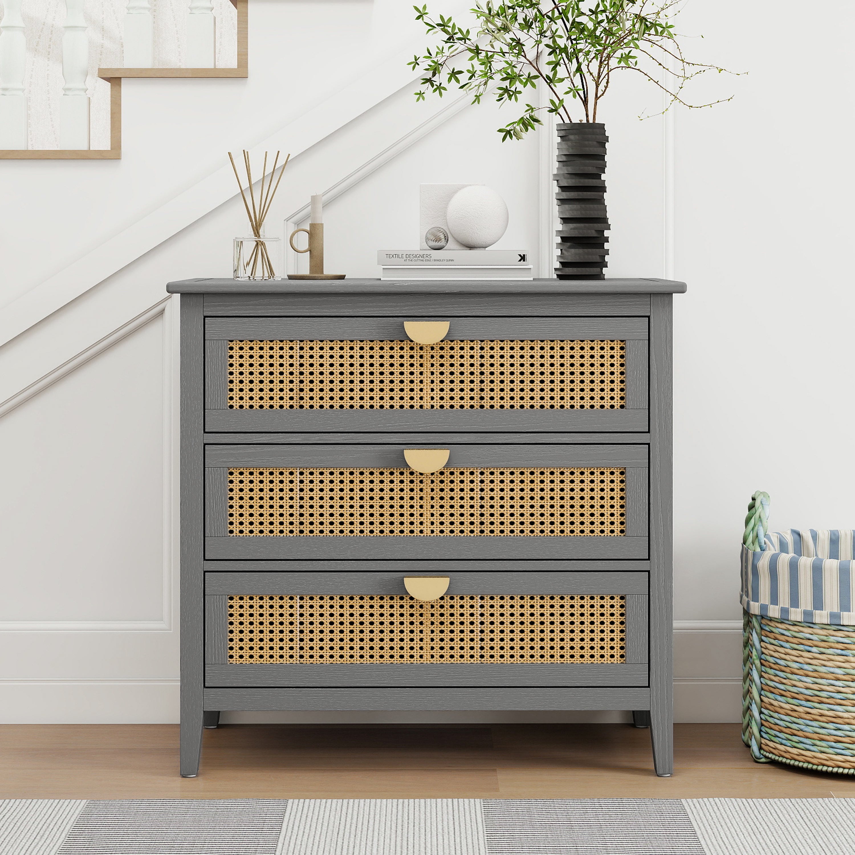 3 Drawer Cabinet with Natural Rattan Drawers