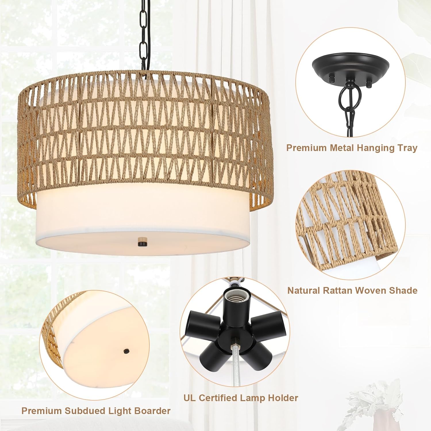5-Light Rattan Chandelier with Fabric Shade and Adjustable Height