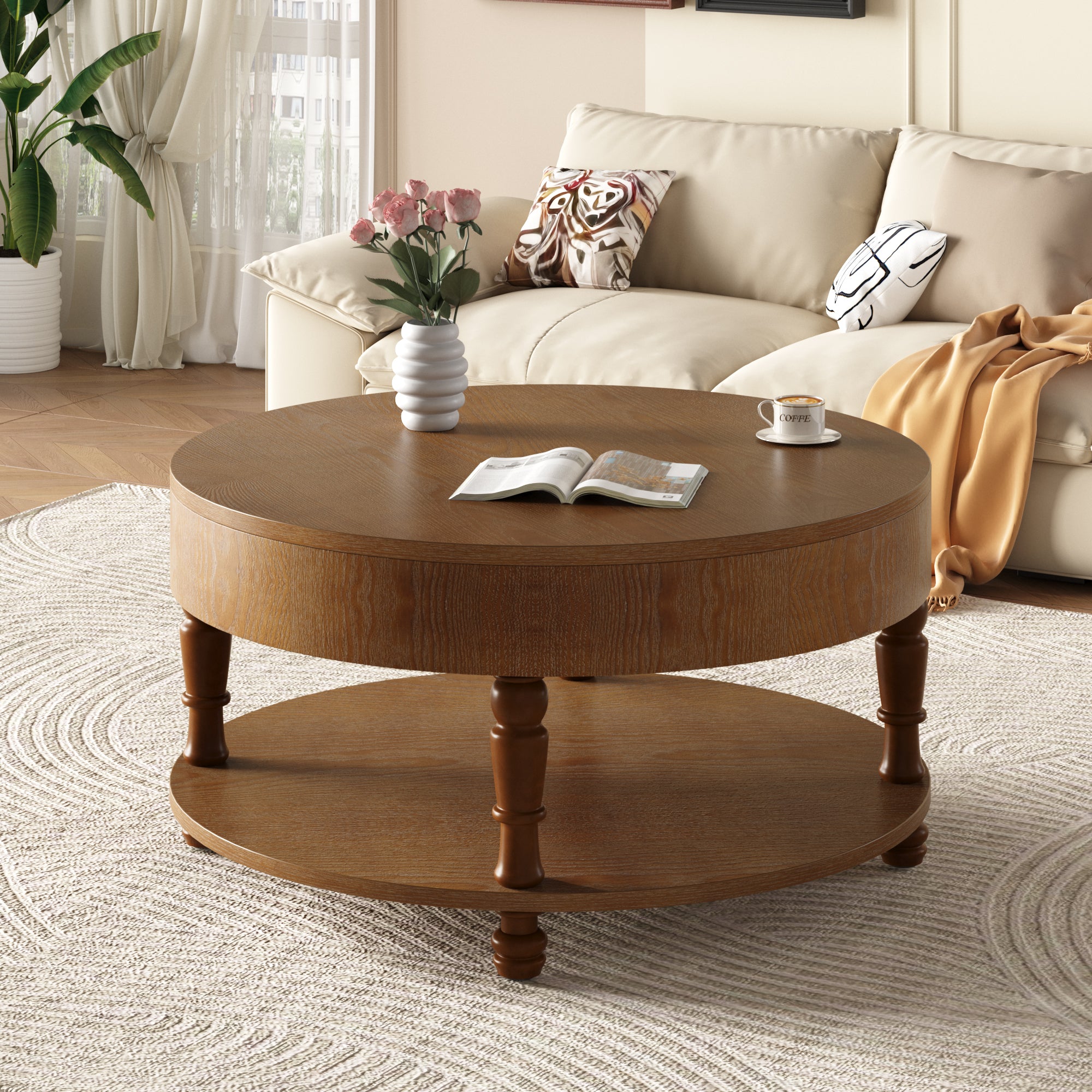 Traditional Round Coffee Table with Storage and Hidden Compartment