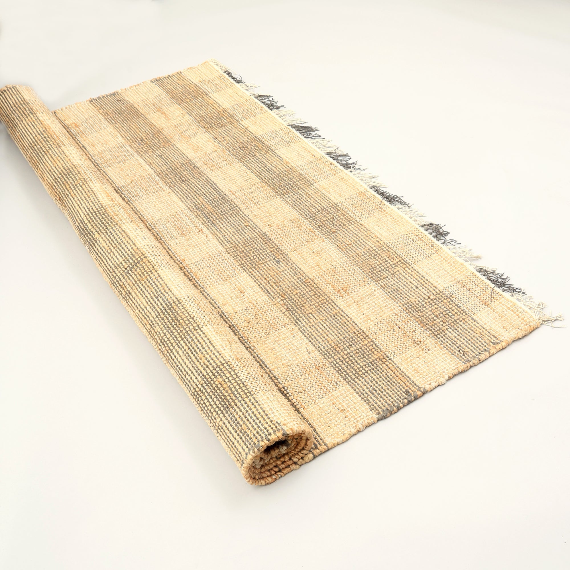 Artisan Hand Woven Jute & Cotton Grey Plaid Rug-5X7 ft