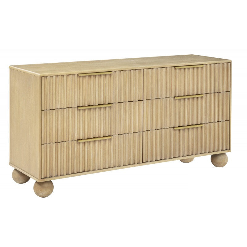 Fluted Modern Light Oak 6-Drawer Dresser with Fluted Panels and Round Feet