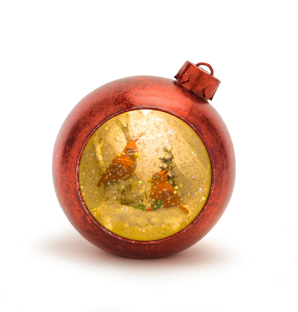 Led Snow Globe Ornament with Woodland Cardinals 6.5"