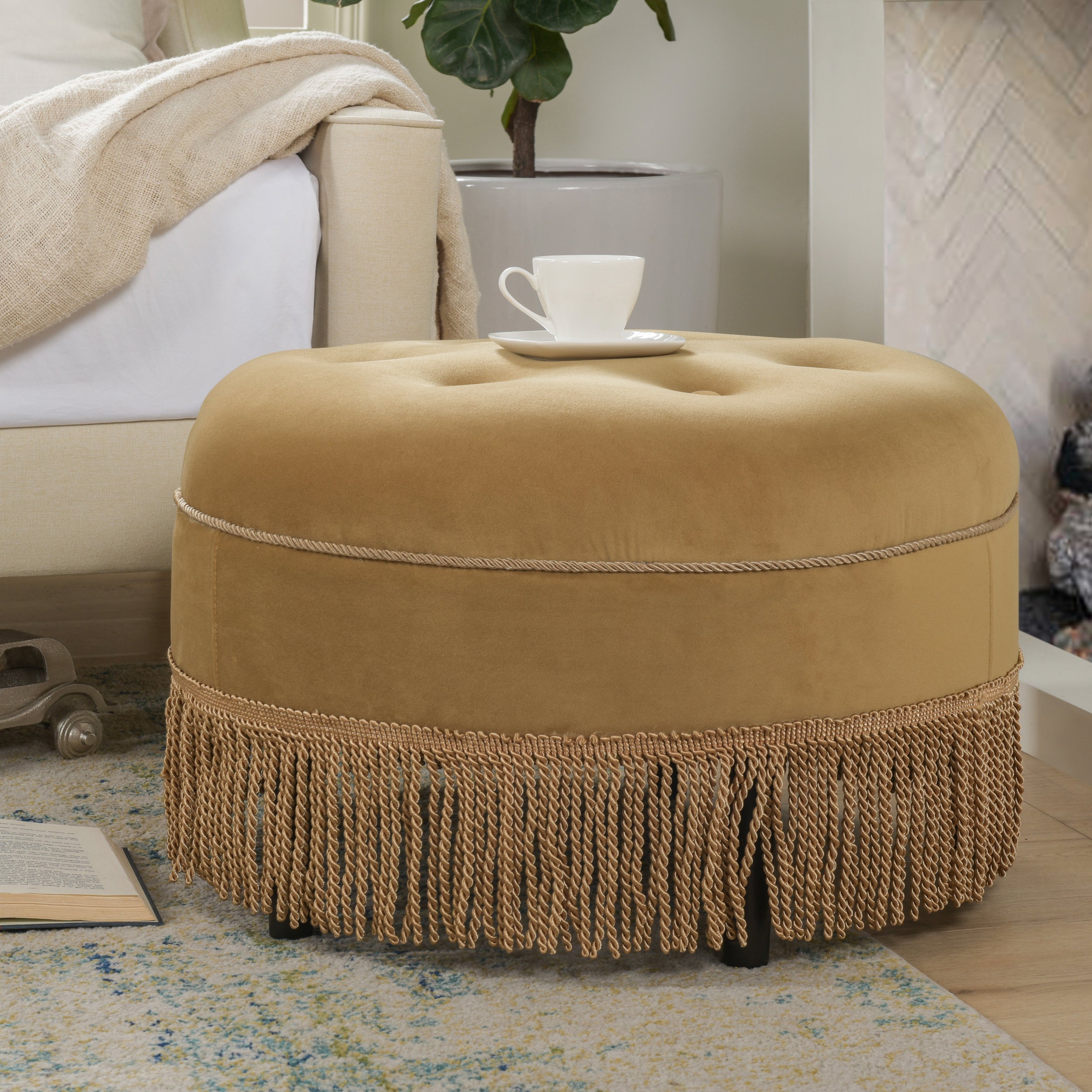 Yolanda 24" Round Upholstered Accent Ottoman, Olive Green Performance Velvet