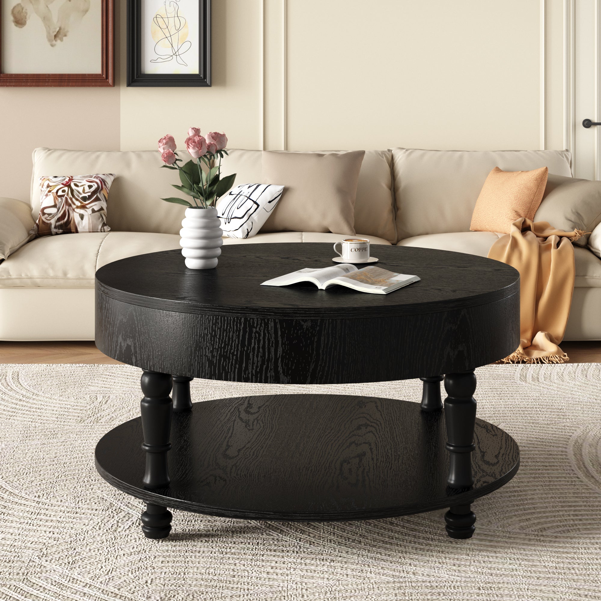 Traditional Round Coffee Table with Storage and Hidden Compartment