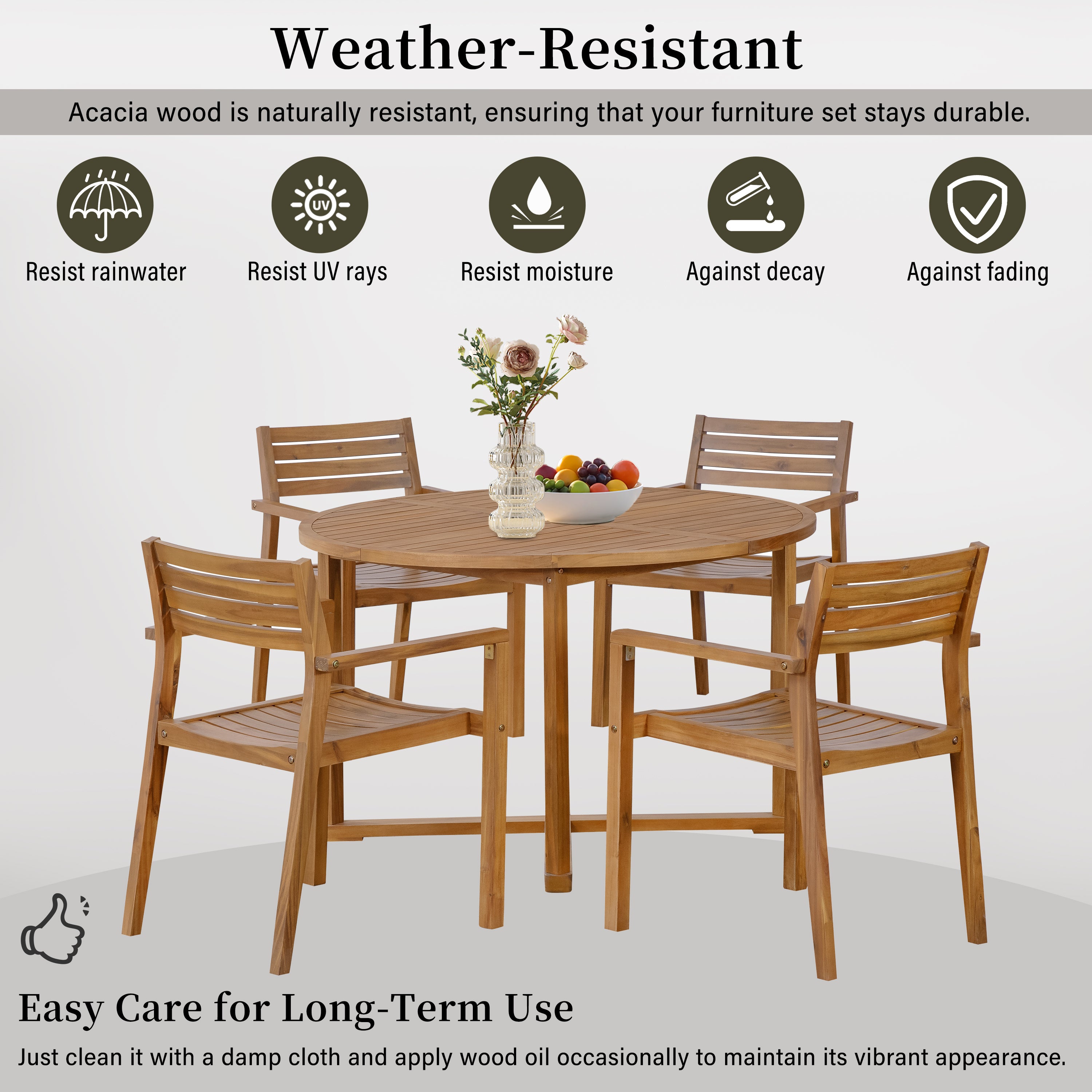 5-Piece Outdoor Dining Set with 4 Acacia Wood Chairs, 47.2" Round Dining Table with Slatted Design
