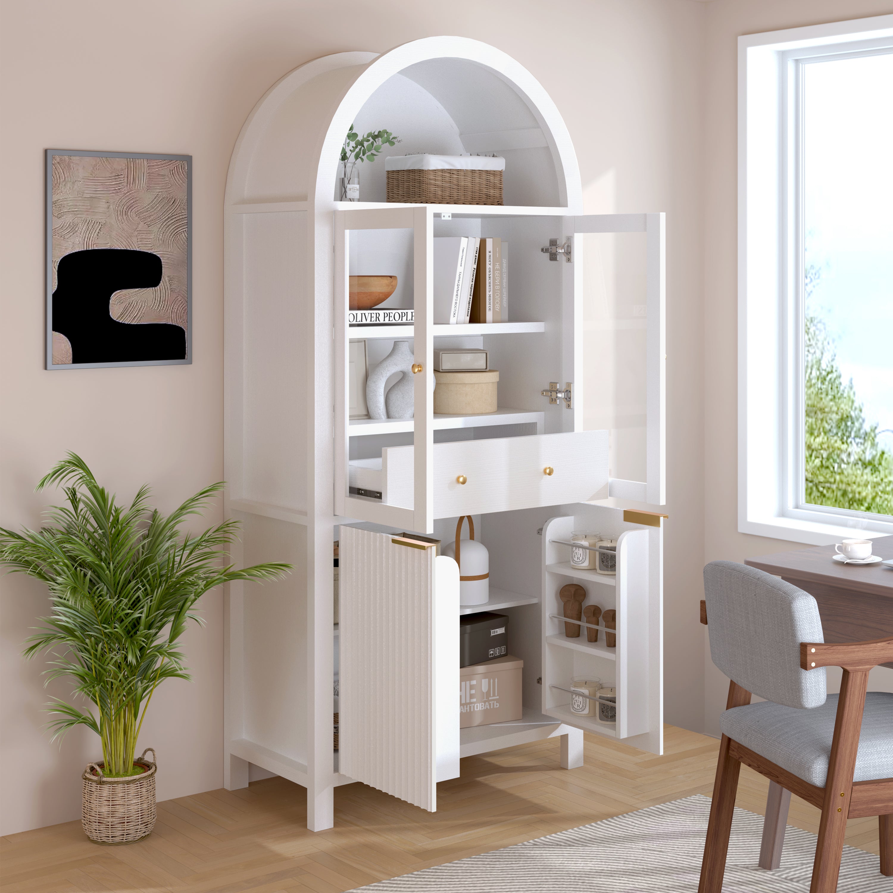Fluted Arched Storage Cabinet with Adjustable Shelves