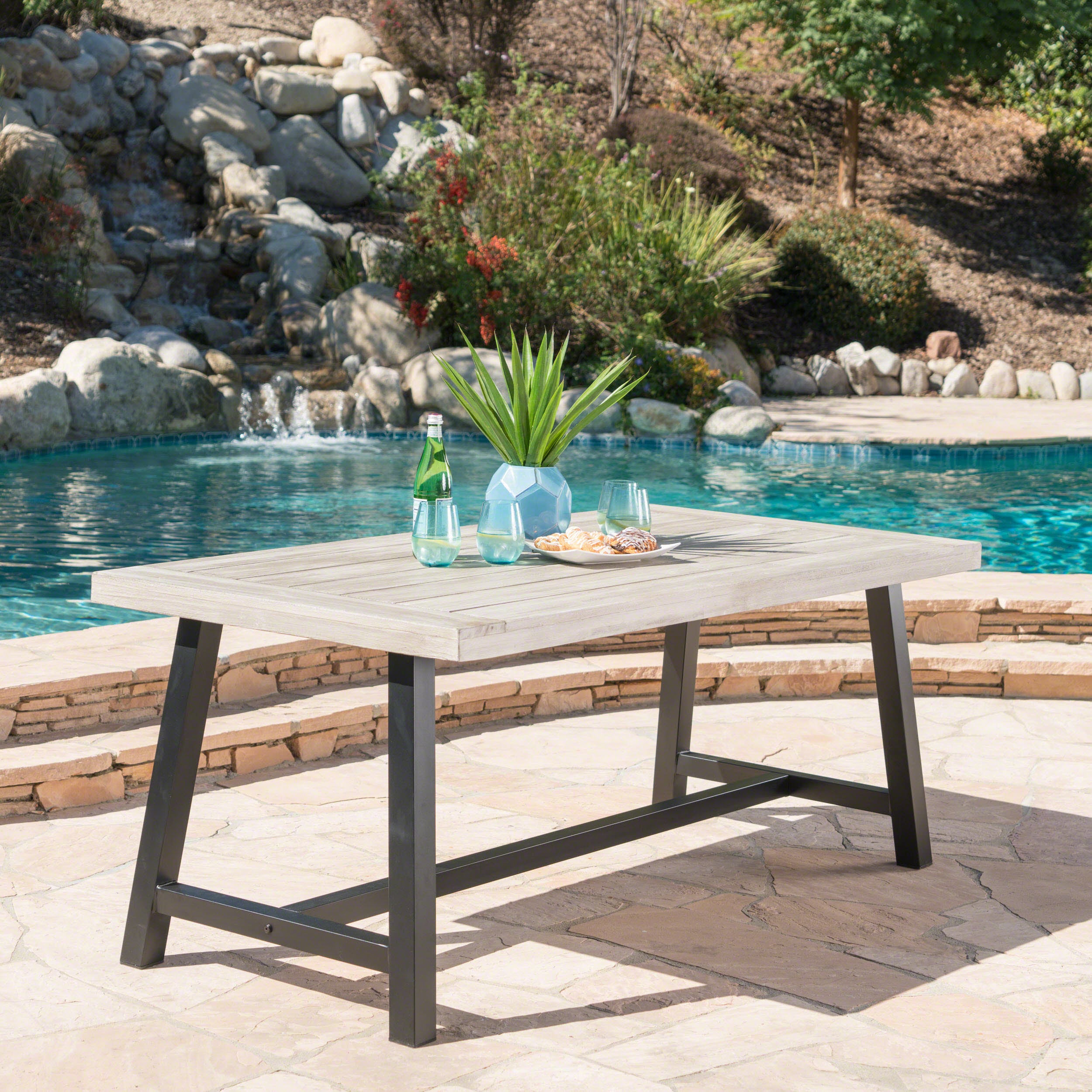Outdoor Dark Brown Sandblast Finish Acacia Wood Dining Table with White Rustic Metal Frame, Weather Resistant