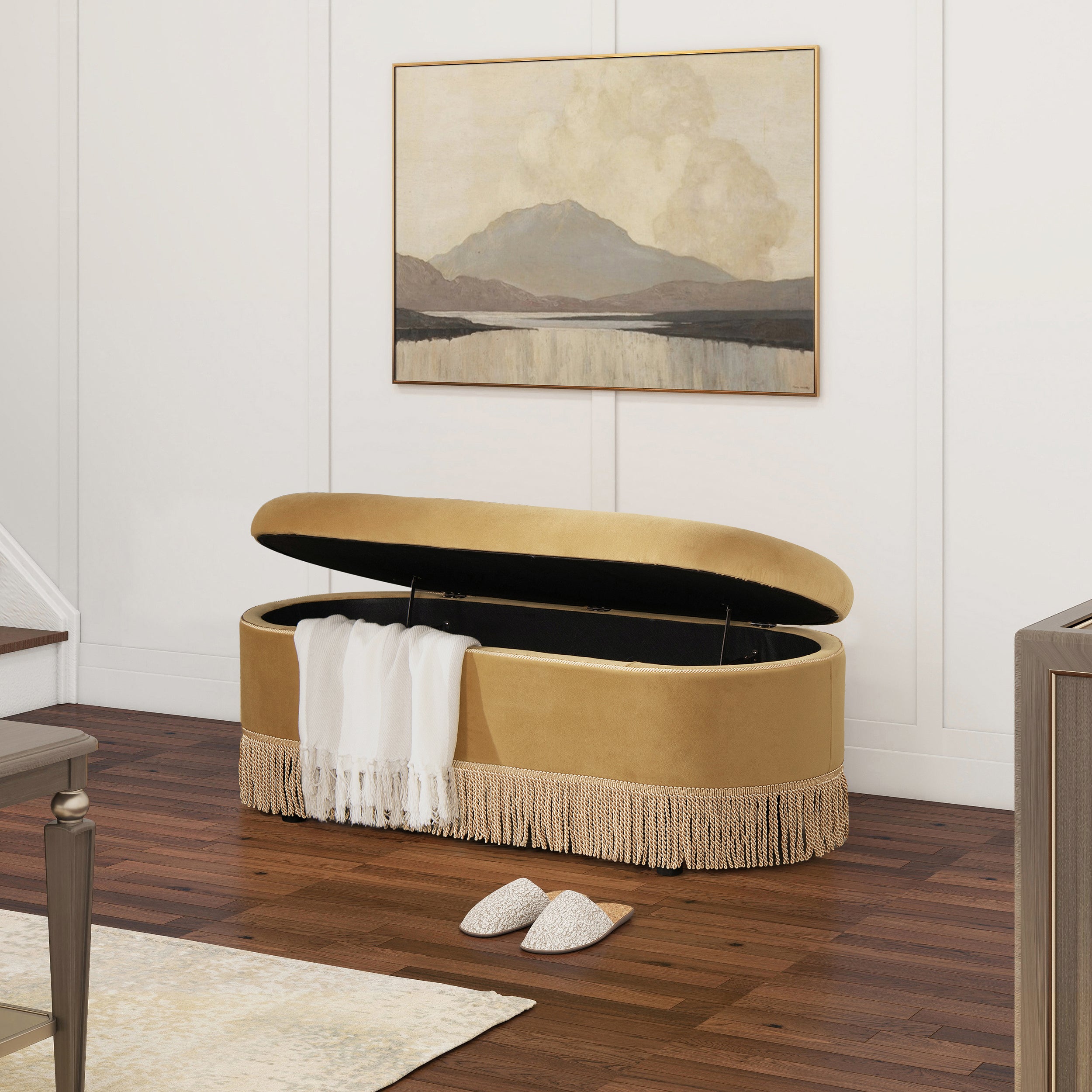 Melinda Oval Tufted Velvet and Bullion Fringe Storage Bench