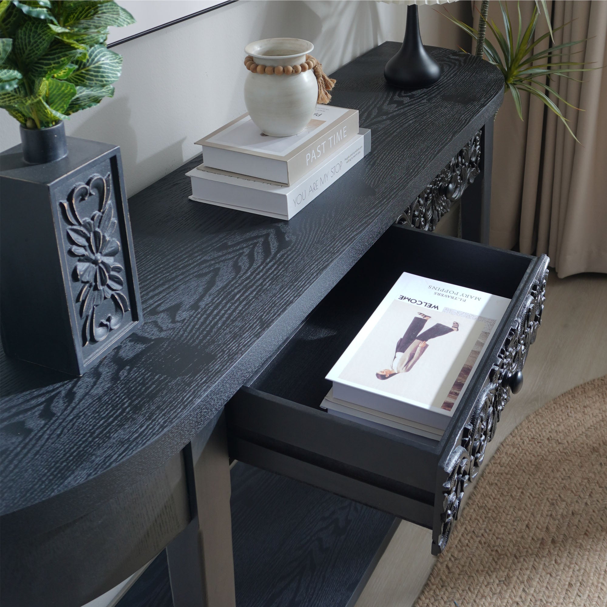 Jawaha Black Carved Wooden Console Table with Lower Storage Shelf