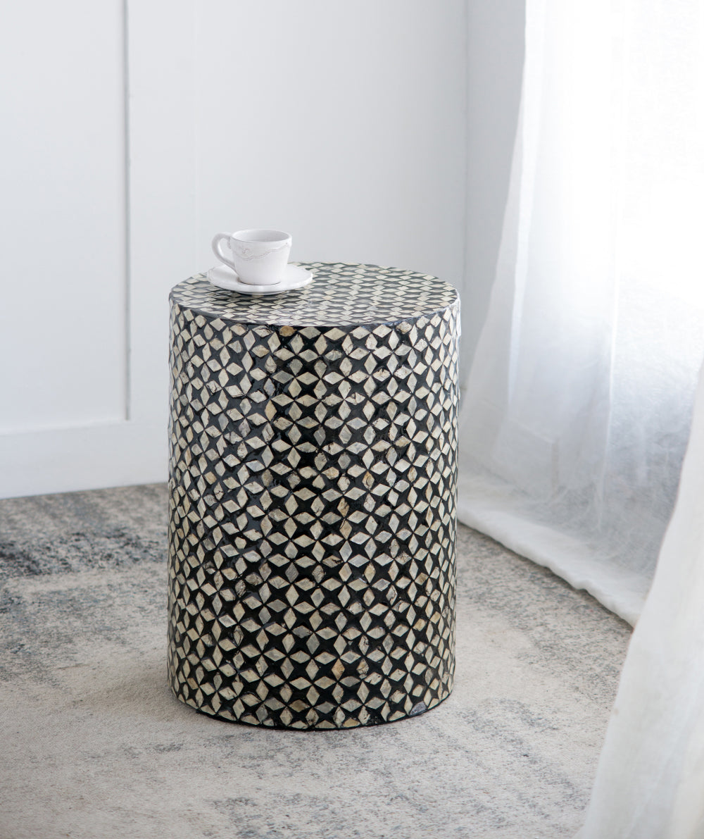 Black Round Pillar Capiz Accent Stool