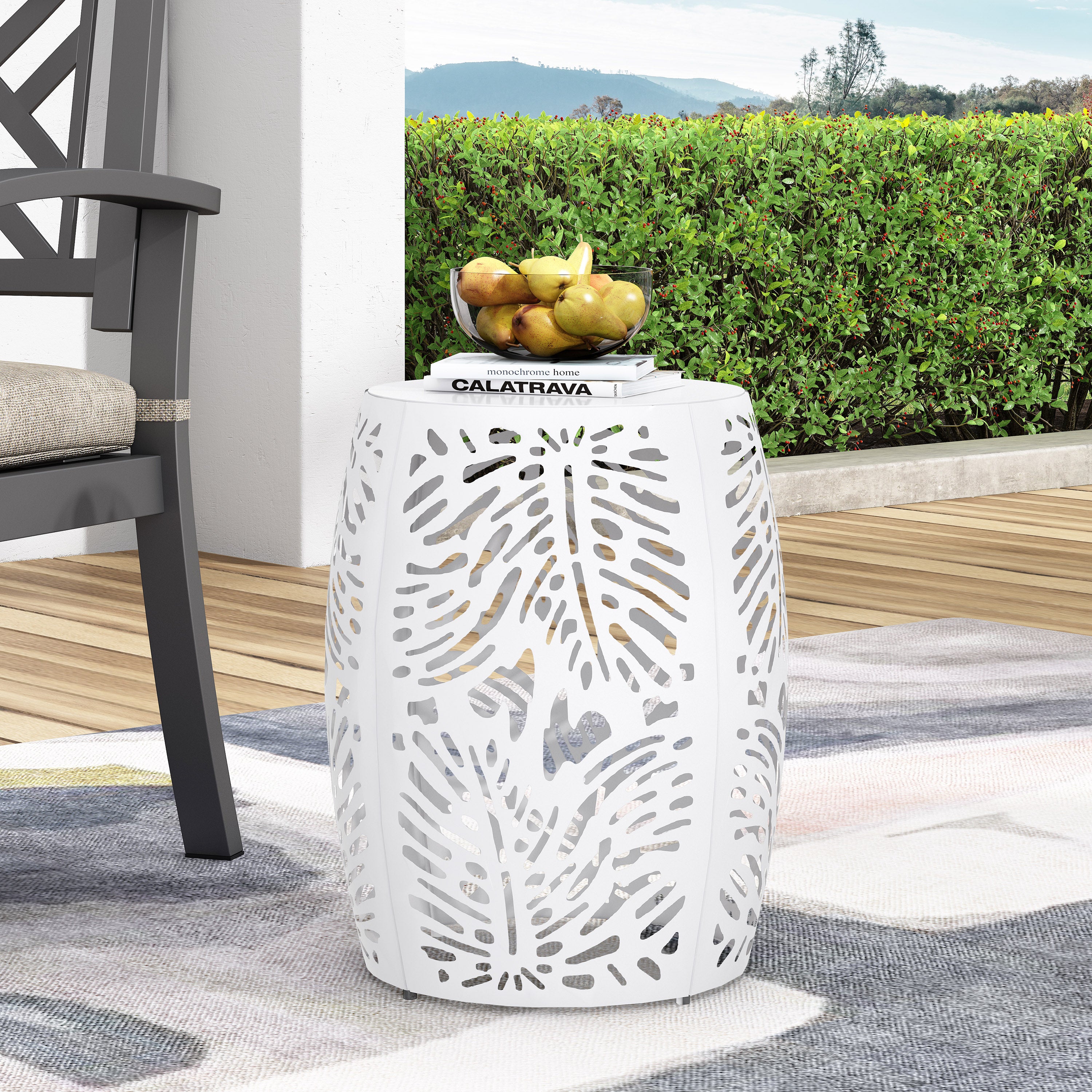 Rebirth Outdoor End Table with Tropical Palm Leaf Pattern and Iron Frame