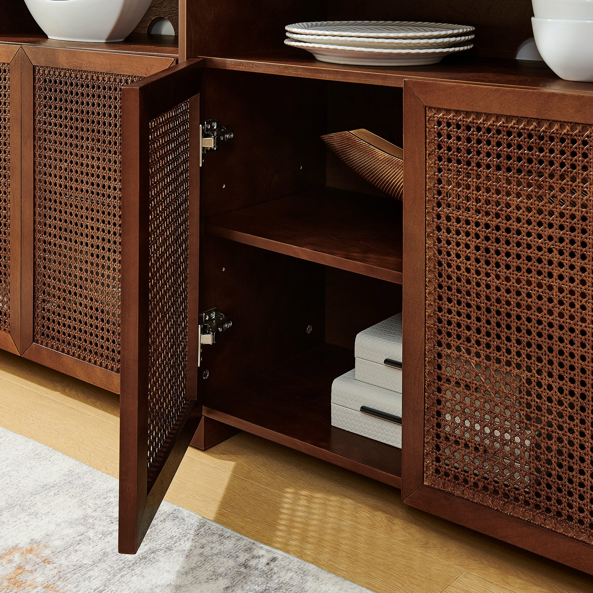 63" Mid-Century Modern Rattan Sideboard Buffet Storage Cabinet