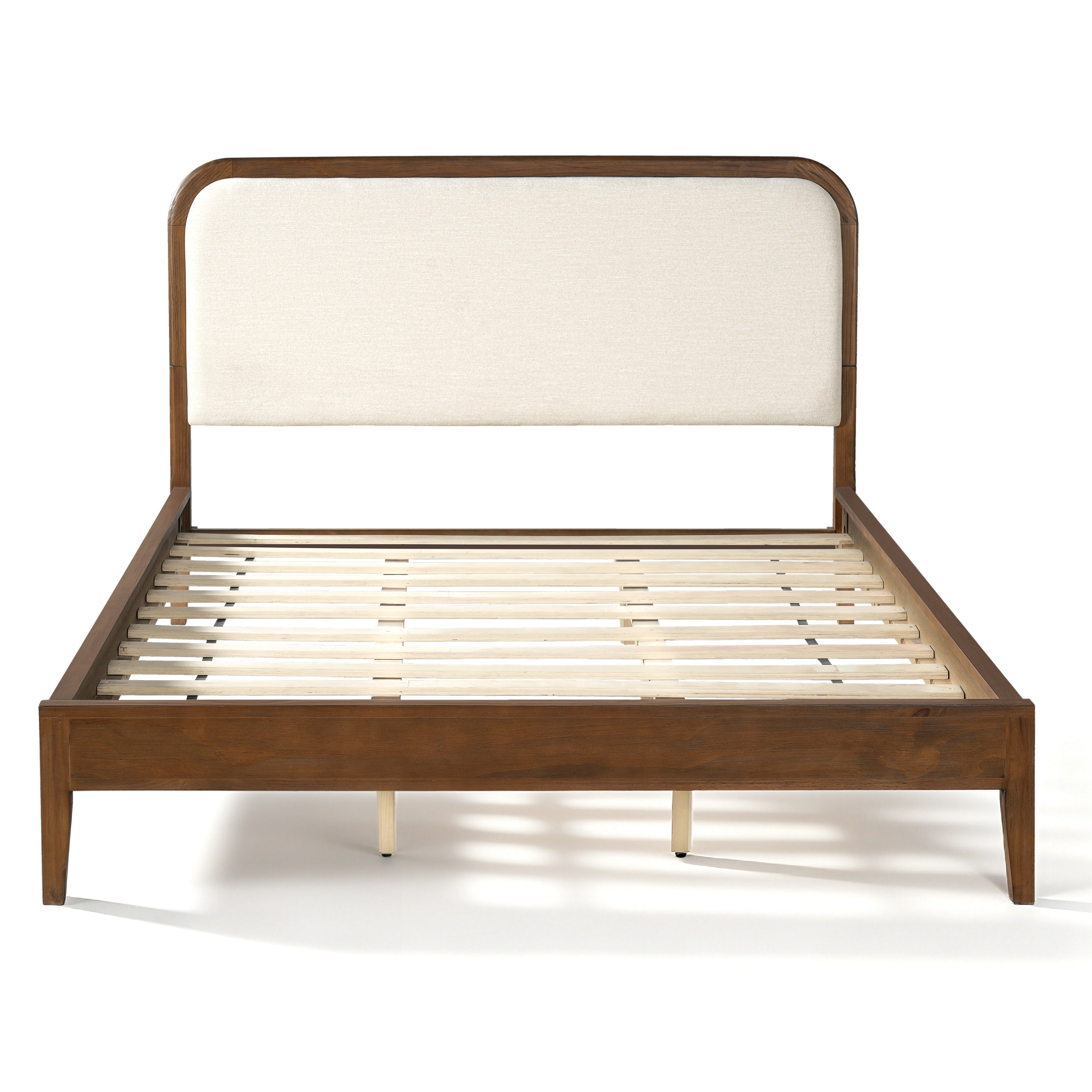 Acacia Wood Bed Frame With Beige Upholstered Headboard