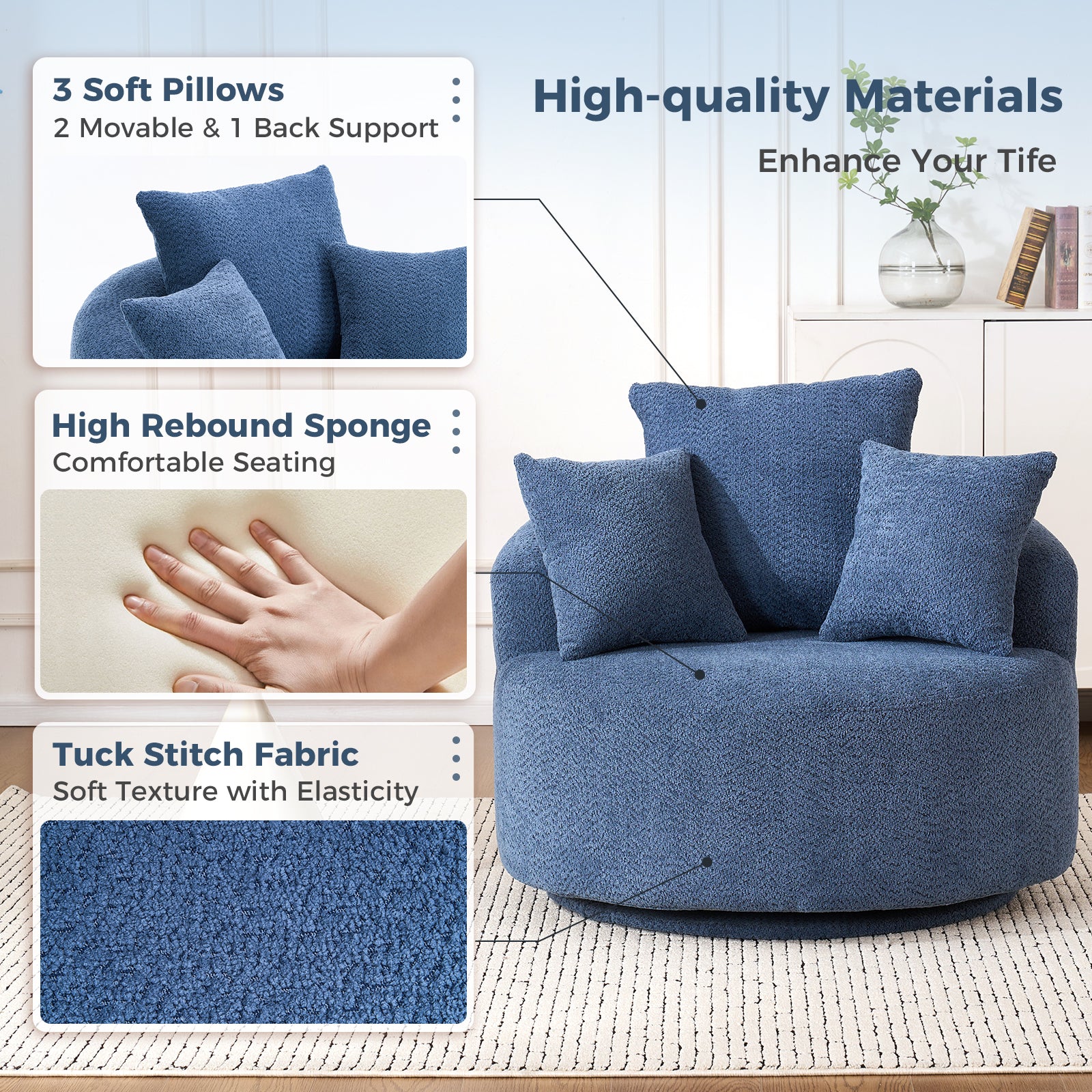 Round Armless Barrel Swivel Accent Chair with 3 Pillows
