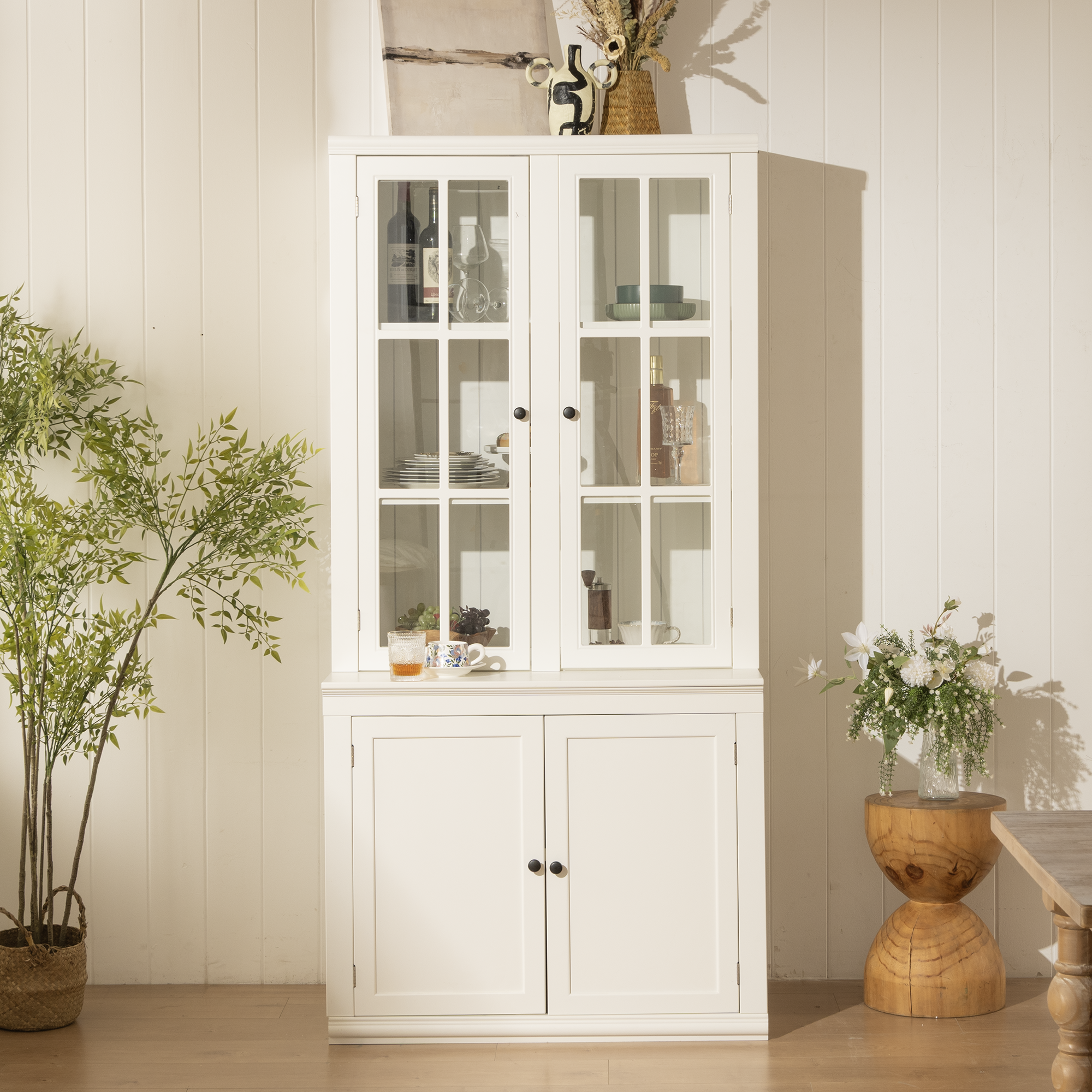 Classic Hutch Cabinet with Double Glass Doors