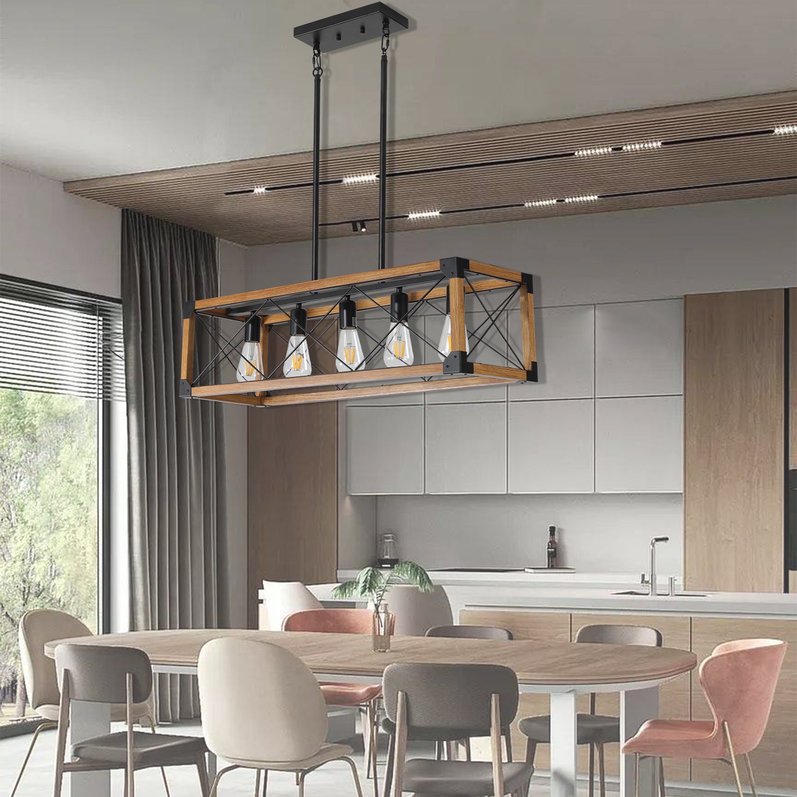 32" Rectangle Pendant Light with 5 Lights and Adjustable Height Boom