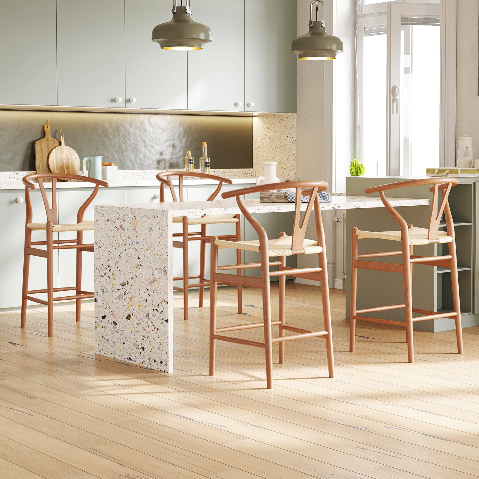 Wishbone Counter Height Barstool with Woven Seat
