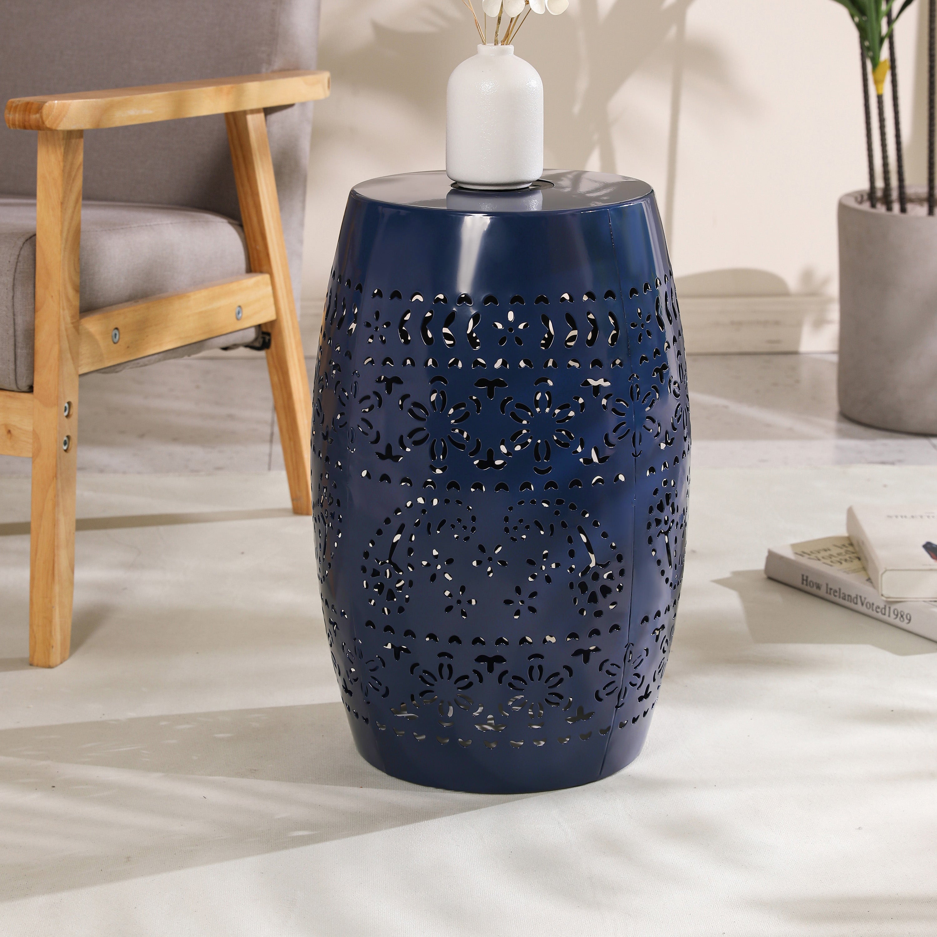 Sunhaven Punched Metal Solar Side Table with Built-in Solar Battery
